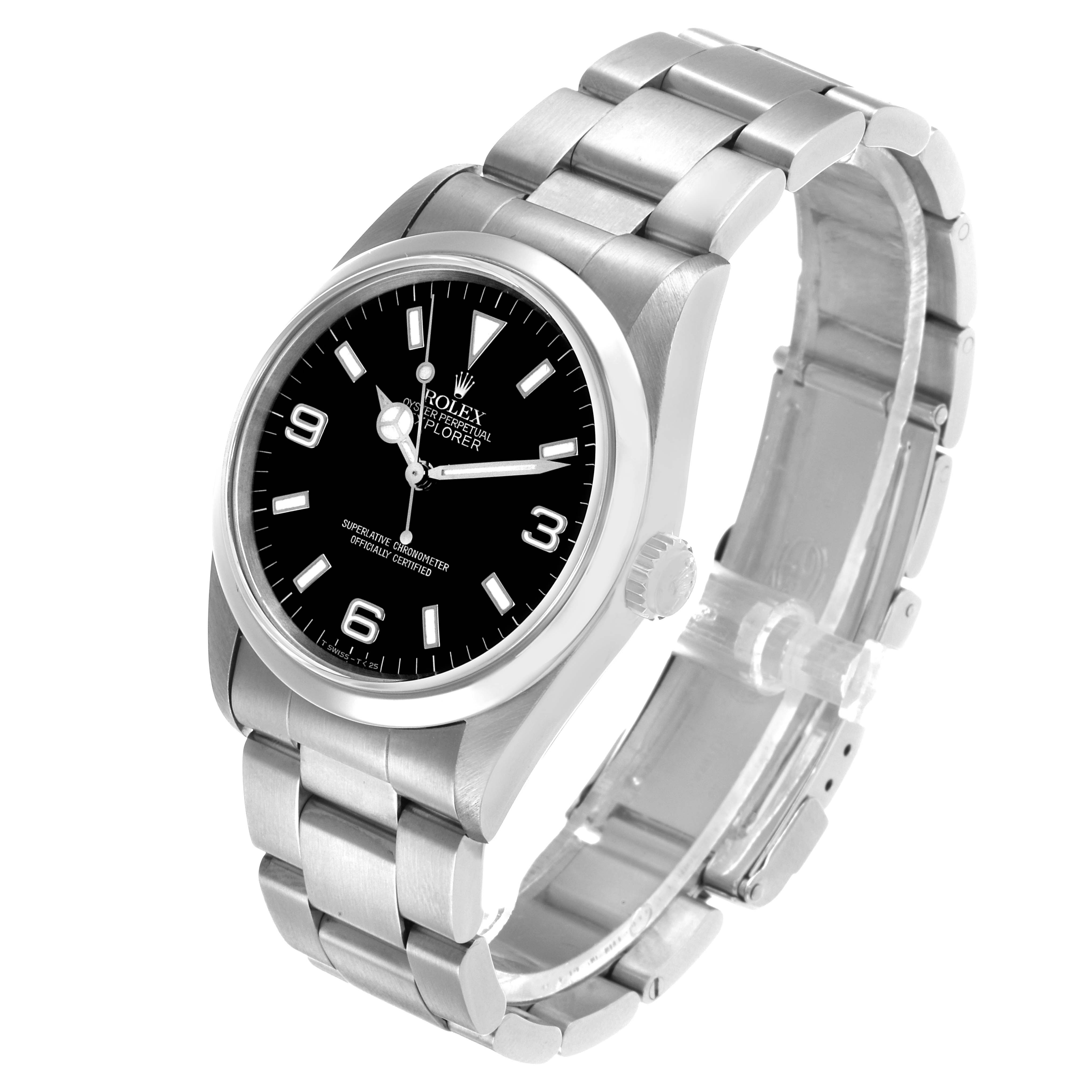 The Rolex Explorer 14270 Men's Stainless Steel Black Dial is shown at a slight angle, featuring the watch face, bezel, bracelet, and clasp.