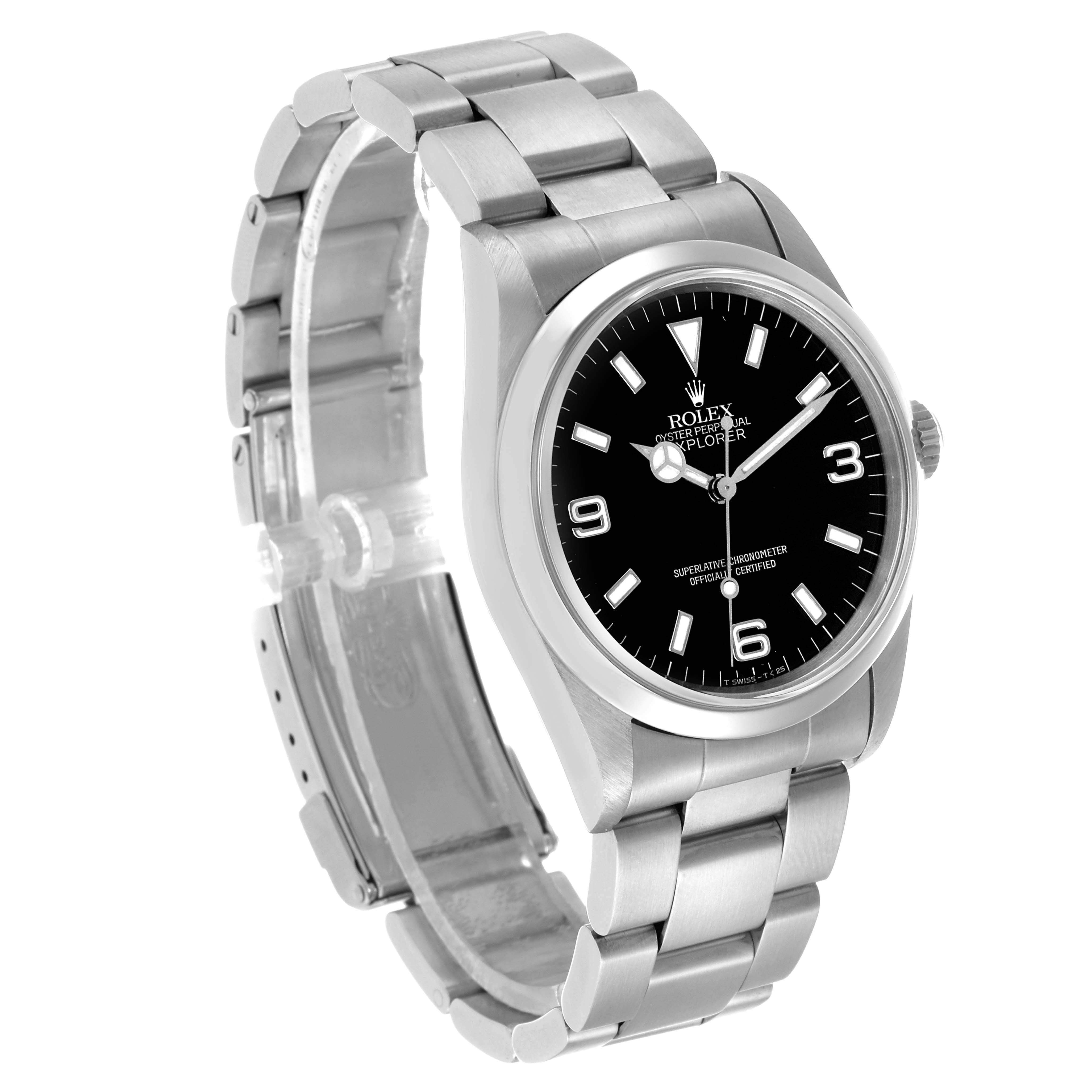 The Rolex Explorer 14270 Men's Stainless Steel Black Dial watch is shown at a three-quarter angle, displaying the face, bezel, case, bracelet, and crown.