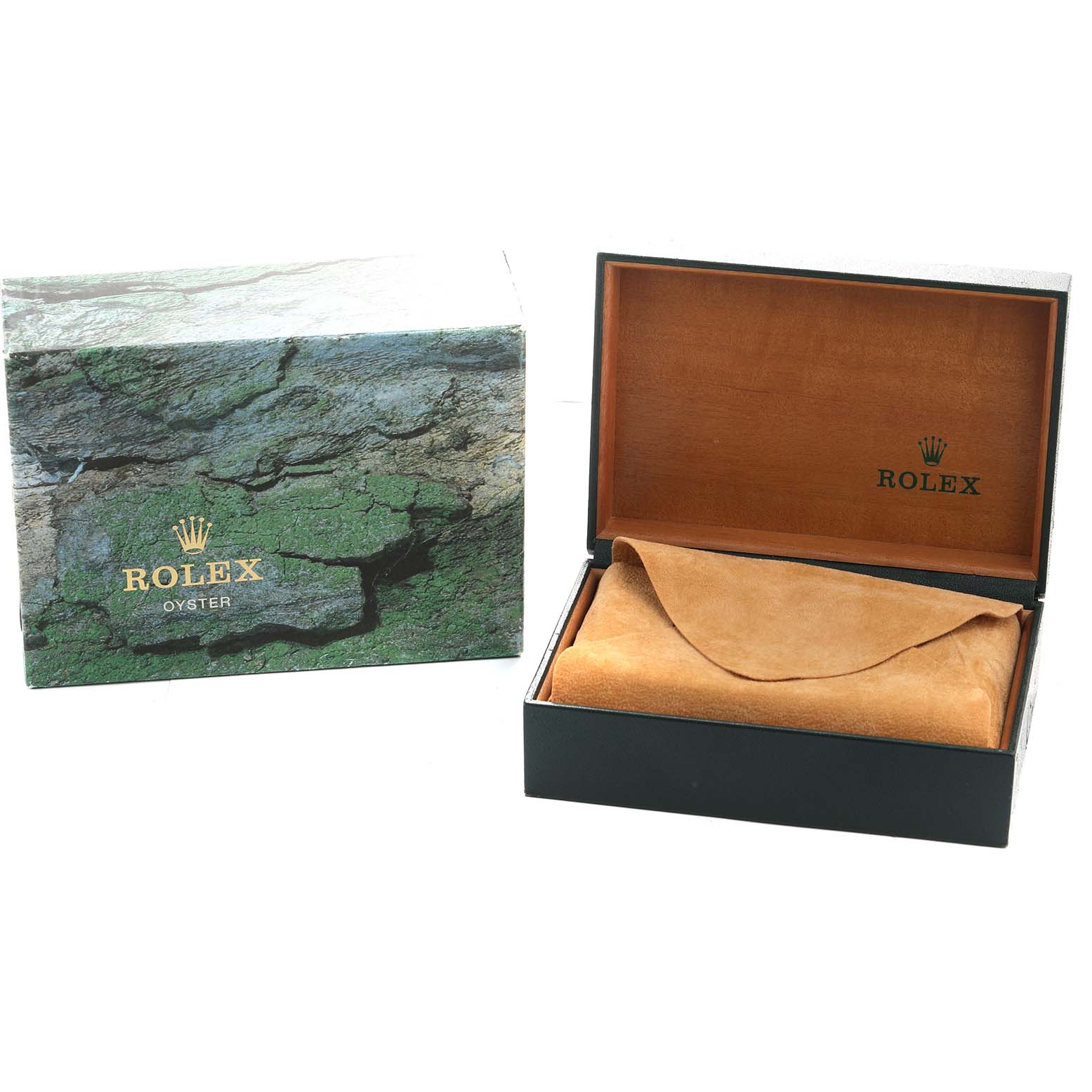 The image shows a Rolex Explorer 14270 Men's Stainless Steel Black Dial watch box and outer packaging, with the box open, revealing a suede pouch inside.