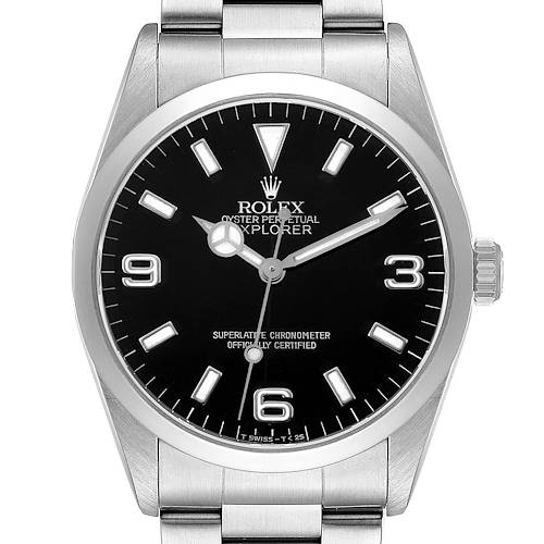 The Rolex Explorer 14270 Men's Stainless Steel Black Dial watch is shown from the front, displaying its dial, bezel, markers, and part of the bracelet.