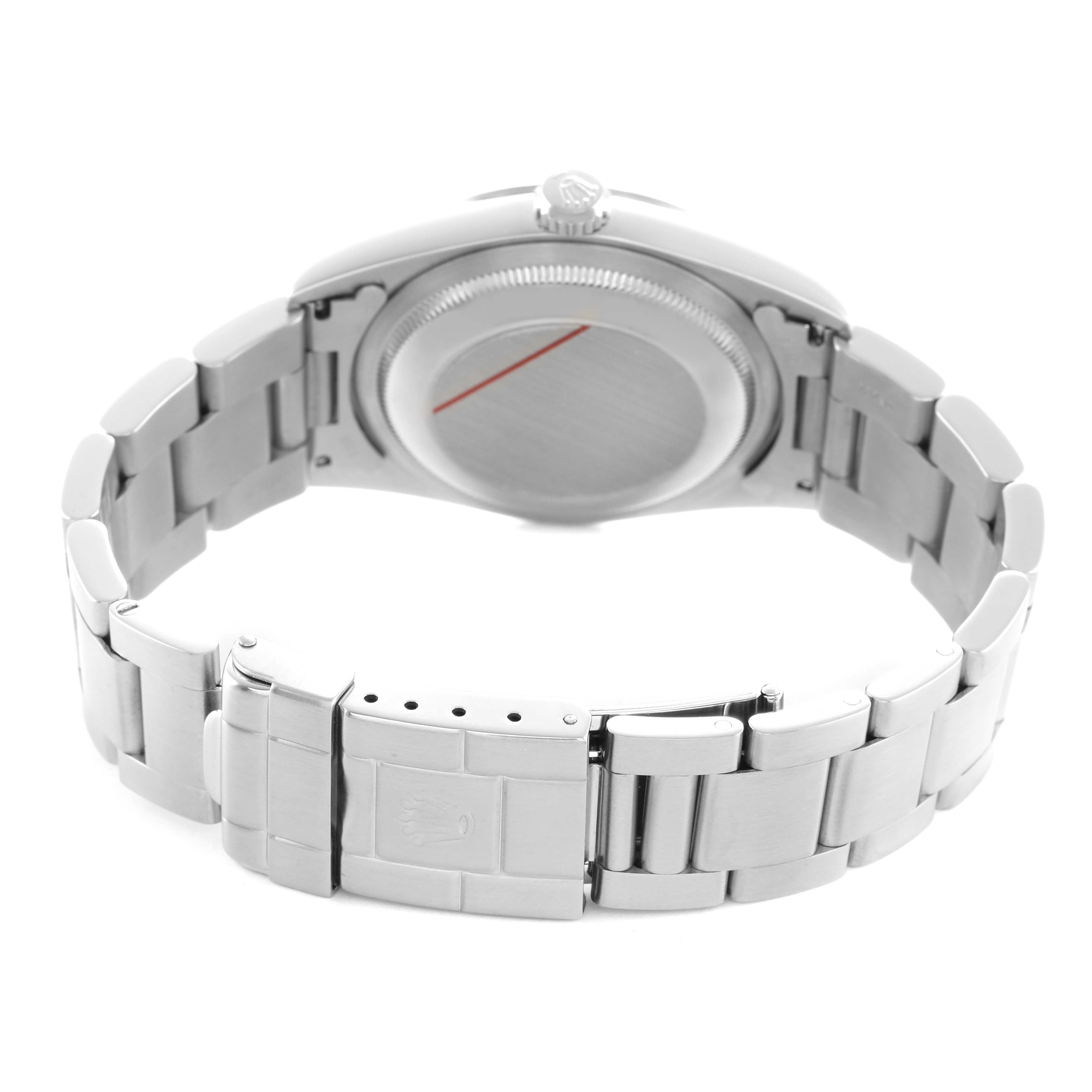 The image shows the back view of a Rolex Explorer 14270 Men's Stainless Steel Black Dial watch, highlighting the clasp, bracelet, and case back.