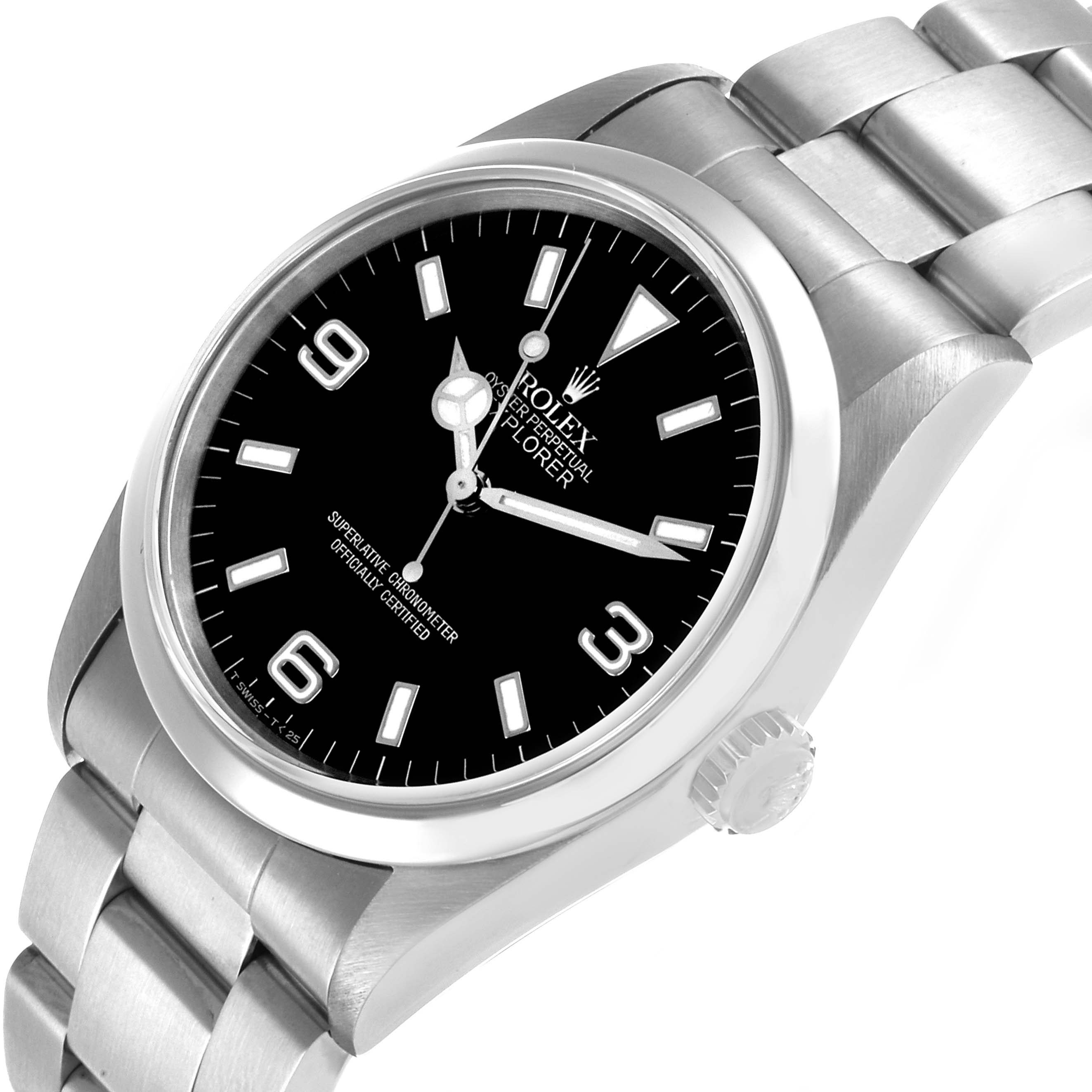 The Rolex Explorer 14270 Men's Stainless Steel Black Dial watch is shown in a three-quarter angle, highlighting the face, bracelet, crown, and lugs.