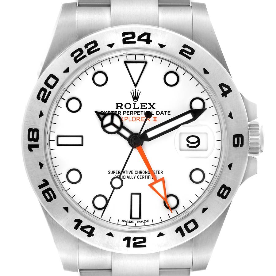 The image shows a frontal view of a Rolex Explorer watch, displaying the face, bezel, and part of the bracelet.