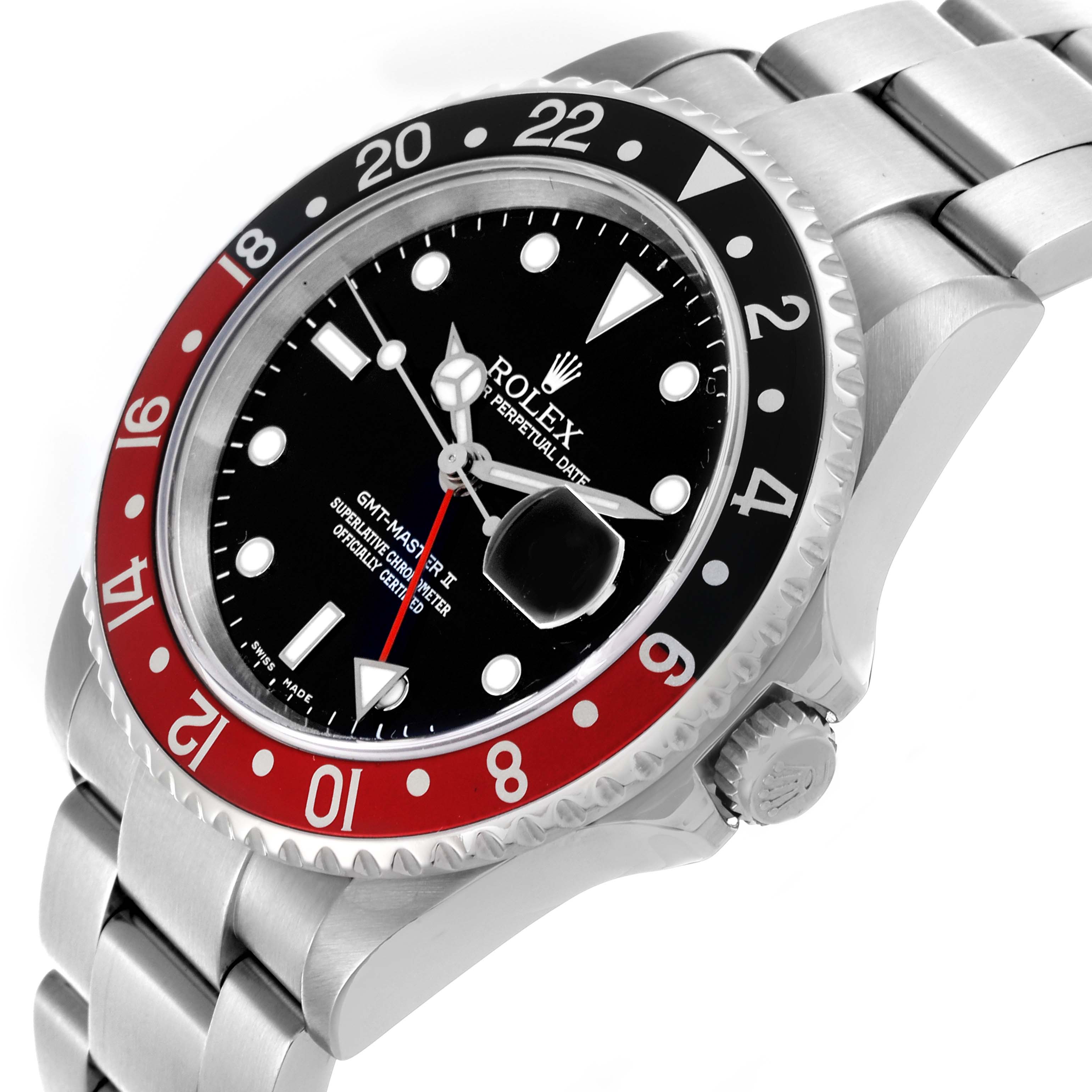 The Rolex GMT-Master 16710 Men's Stainless Steel Black Dial 16710 Men's Stainless Steel Black Dial watch is angled to show the face, bezel, crown, and part of the bracelet.