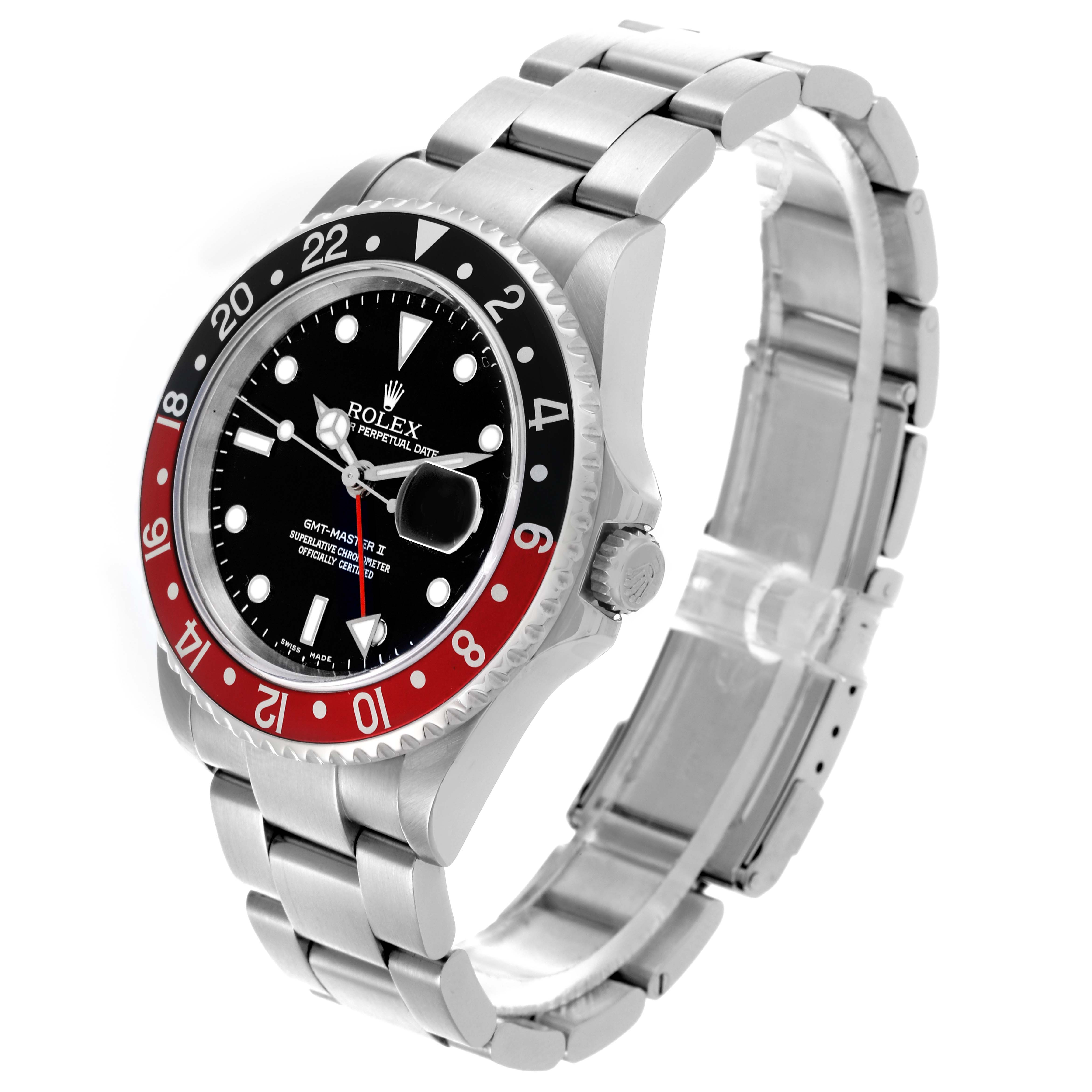 The Rolex GMT-Master 16710 Men's Stainless Steel Black Dial 16710 Men's Stainless Steel Black Dial watch is shown at a three-quarter angle, displaying the dial, bezel, and bracelet.