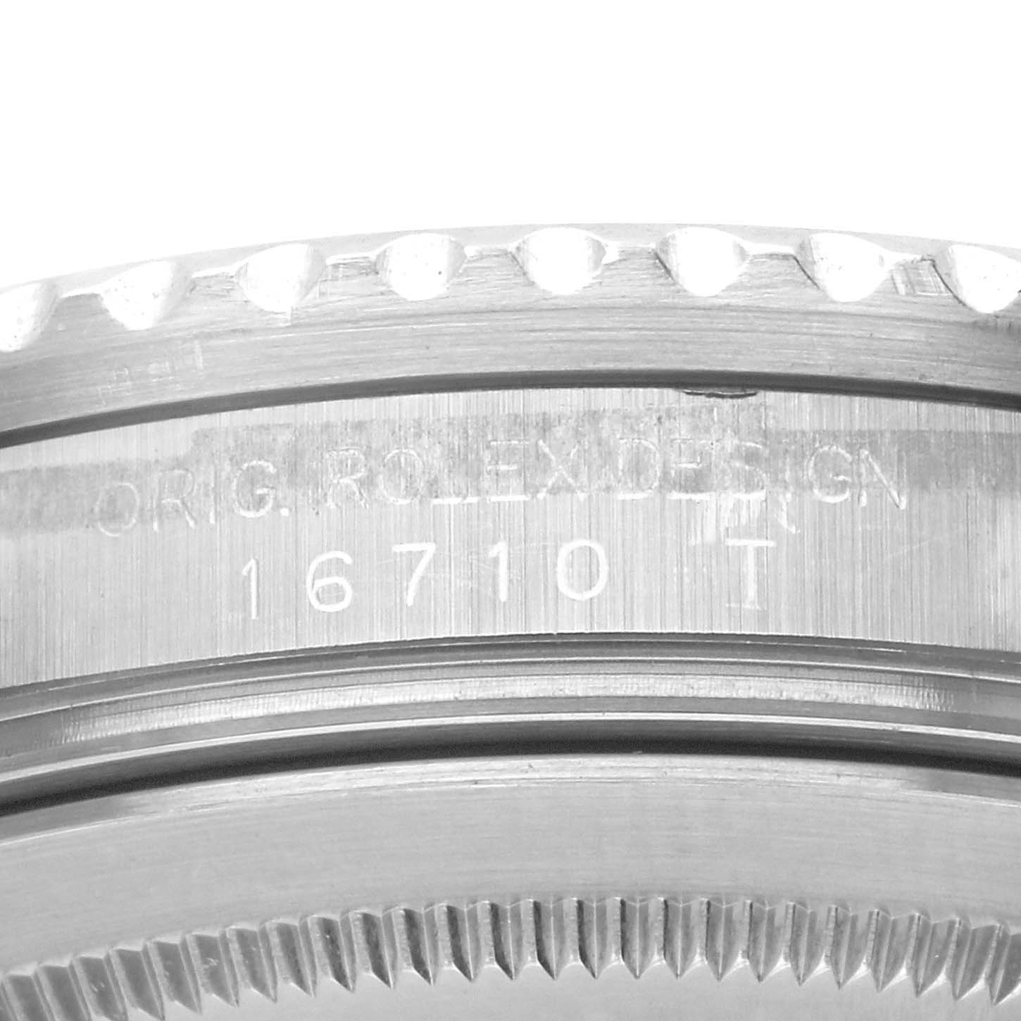 The image shows a close-up of the bezel and case side of the Rolex GMT-Master 16710 Men's Stainless Steel Black Dial 16710 Men's Stainless Steel Black Dial, model 16710.