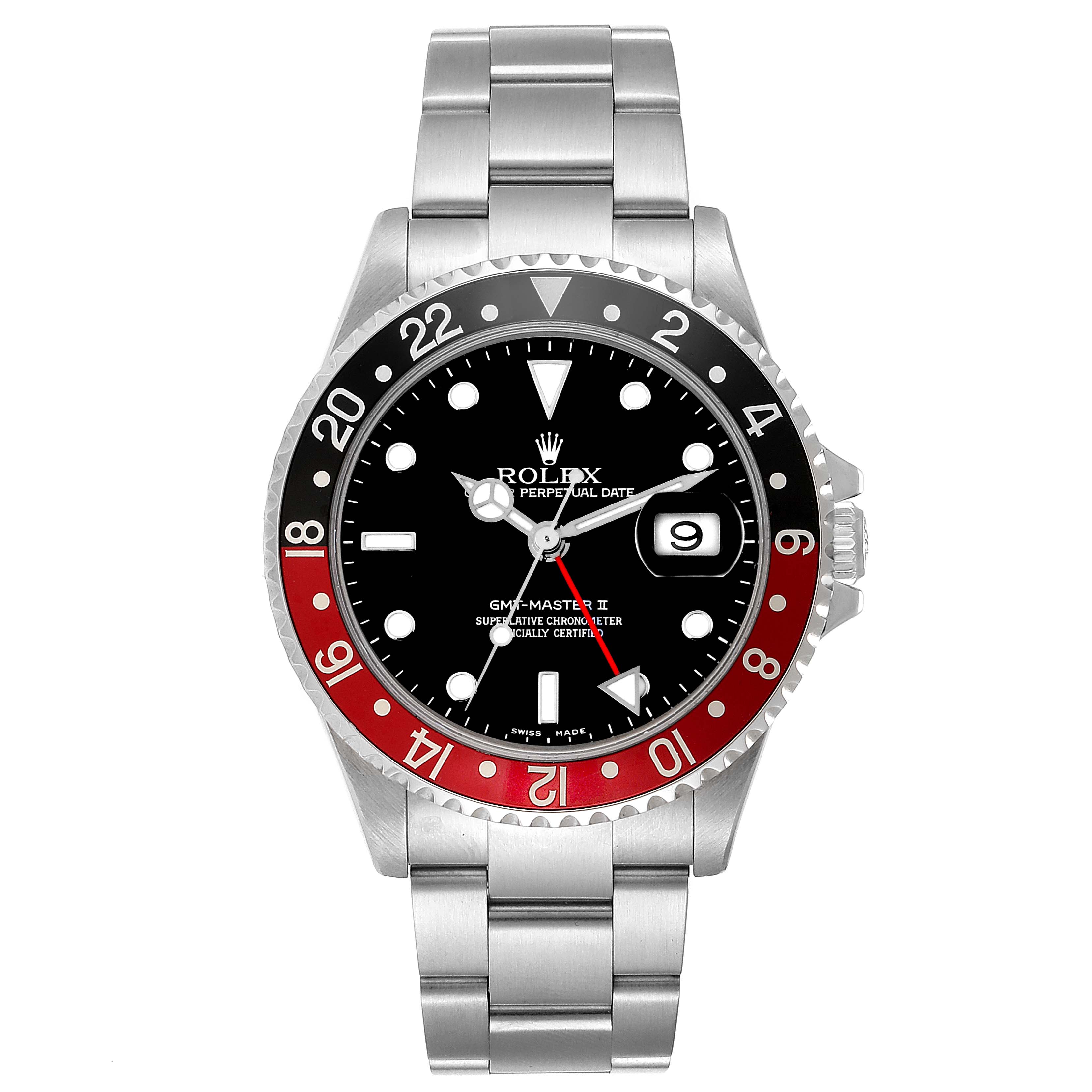 The Rolex GMT-Master 16710 Men's Stainless Steel Black Dial 16710 Men's Stainless Steel Black Dial watch is shown from a front angle, displaying the bezel, dial, and bracelet.