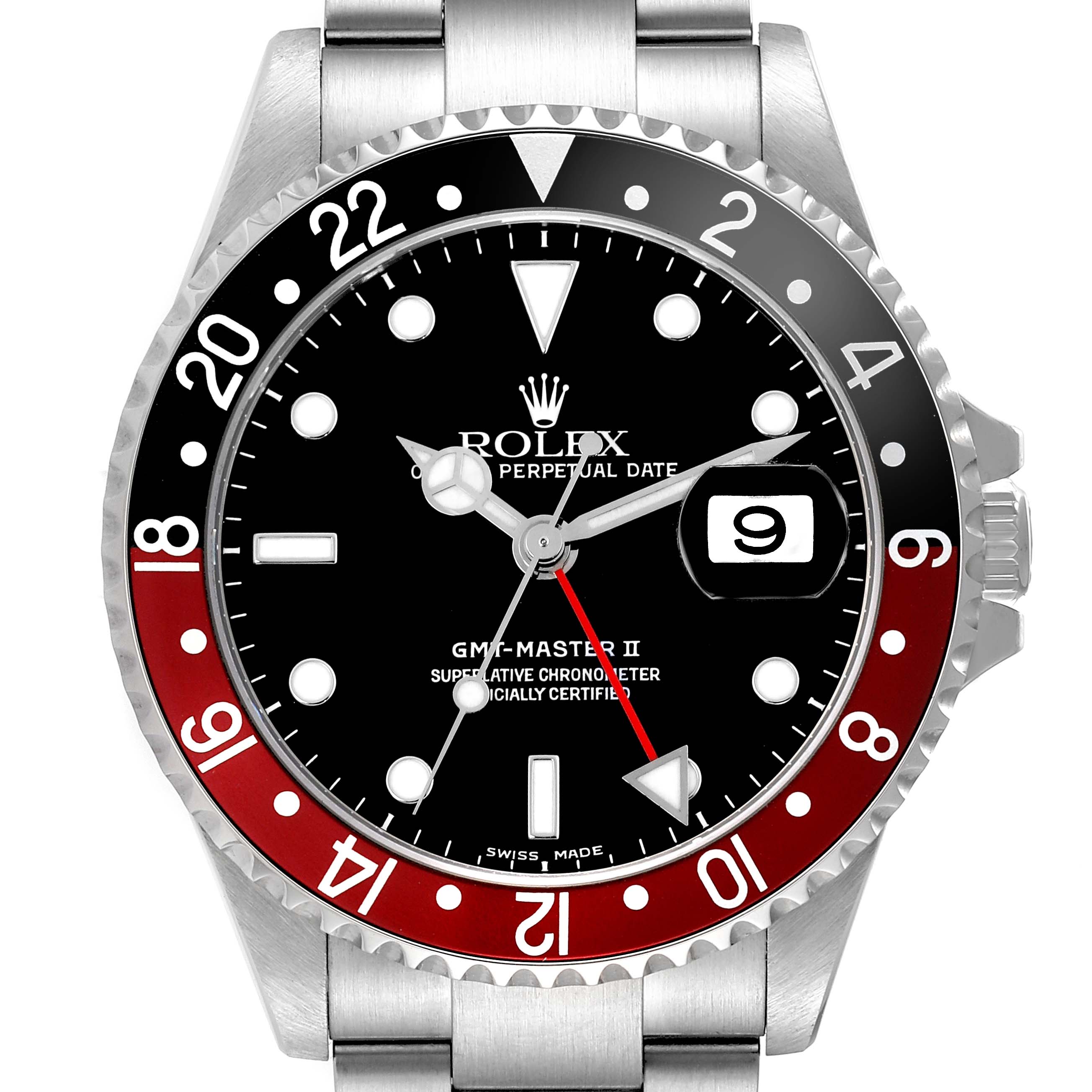 The Rolex GMT-Master 16710 Men
s Stainless Steel Black Dial 16710 Men
s Stainless Steel Black Dial II watch is shown from the front, displaying the bezel, dial, hands, and date window.