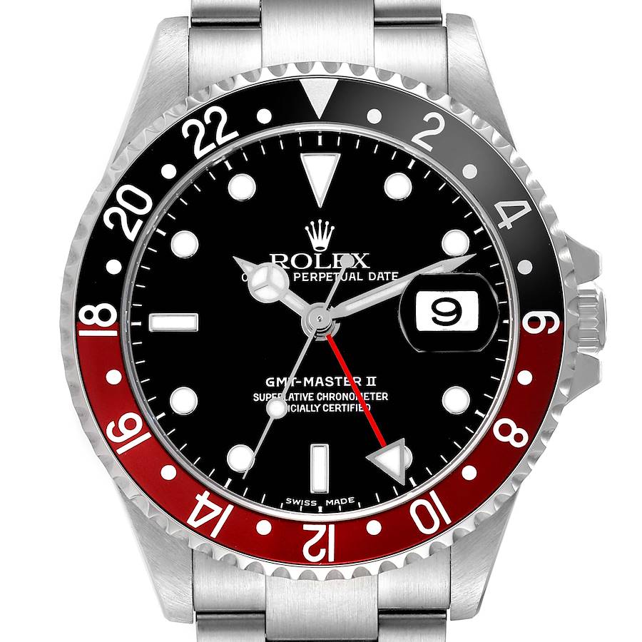 The Rolex GMT-Master II watch is shown from the front, displaying the bezel, dial, hands, and date window.