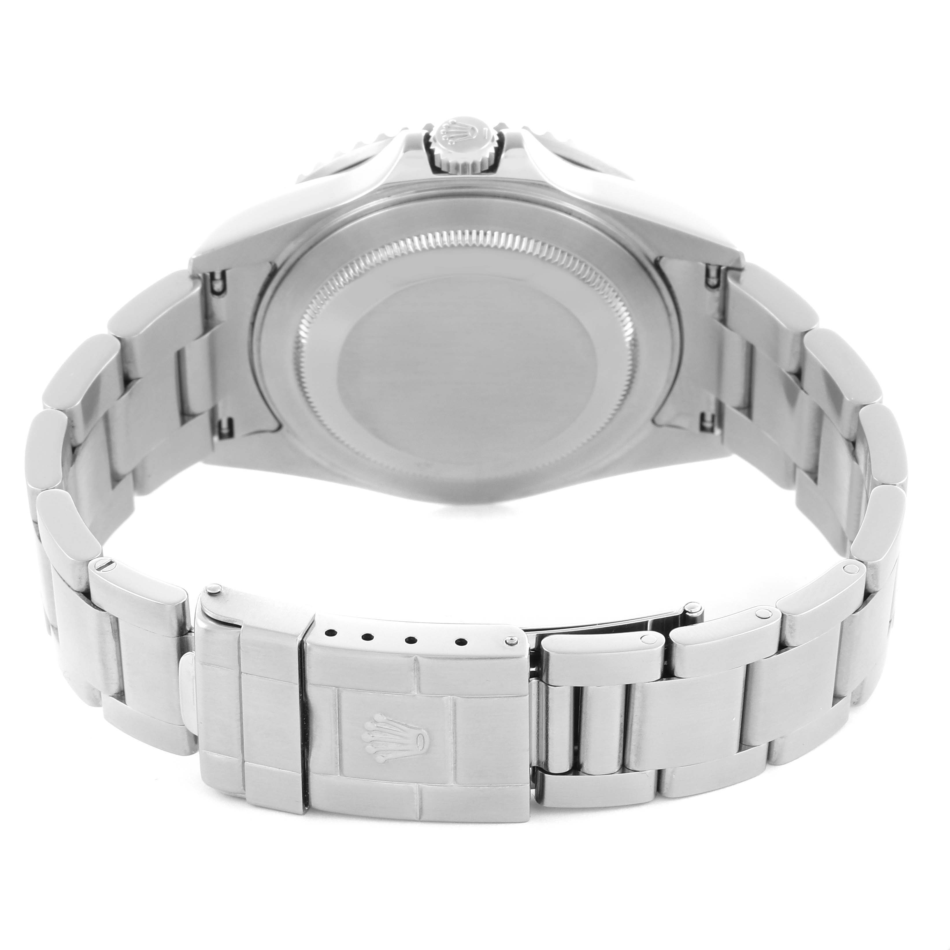 The image shows the back view of a Rolex GMT-Master 16710 Men
s Stainless Steel Black Dial 16710 Men
s Stainless Steel Black Dial, highlighting the case back and bracelet clasp.