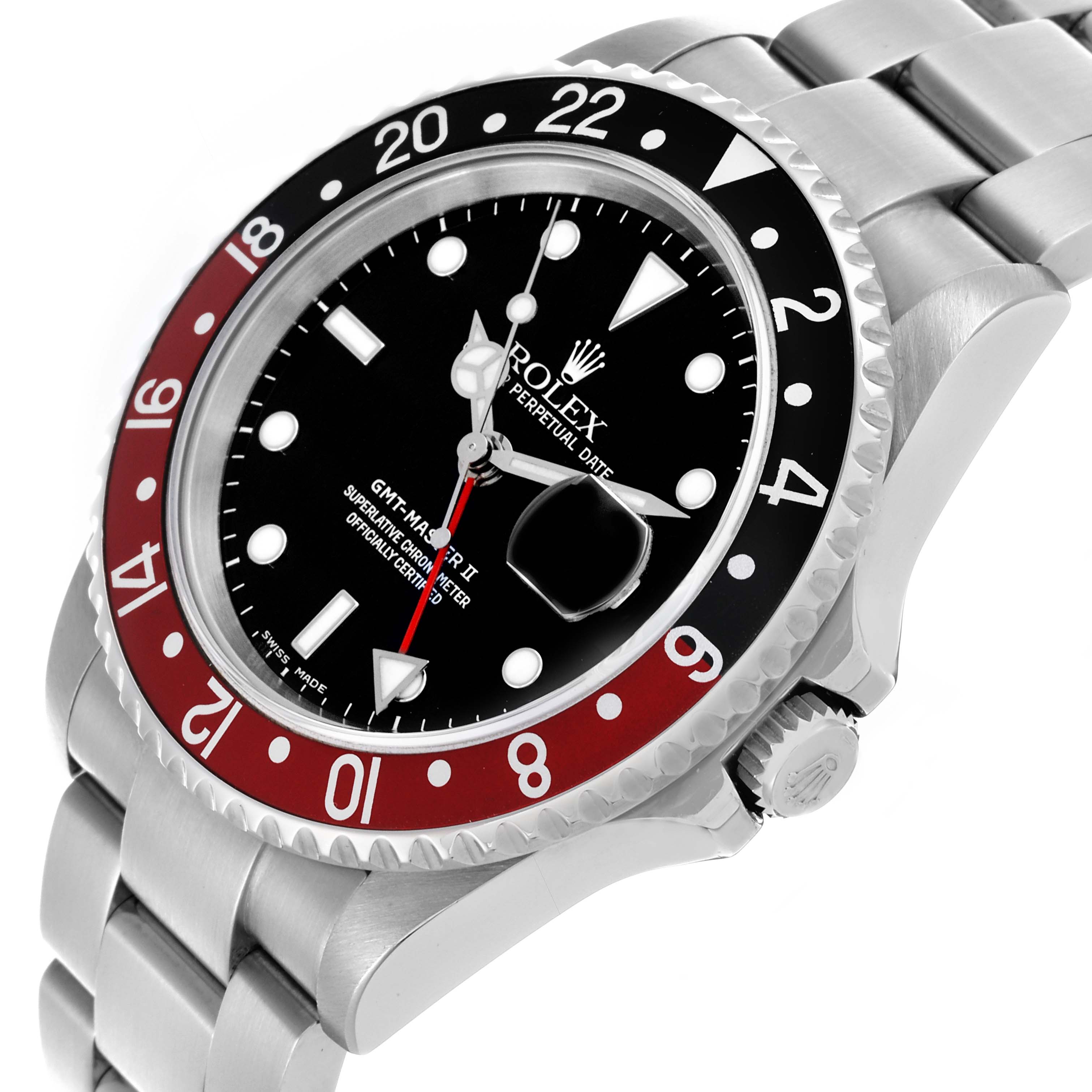 The Rolex GMT-Master 16710 Men
s Stainless Steel Black Dial 16710 Men
s Stainless Steel Black Dial watch is shown at an angled side view, highlighting the bezel, dial, crown, and bracelet.