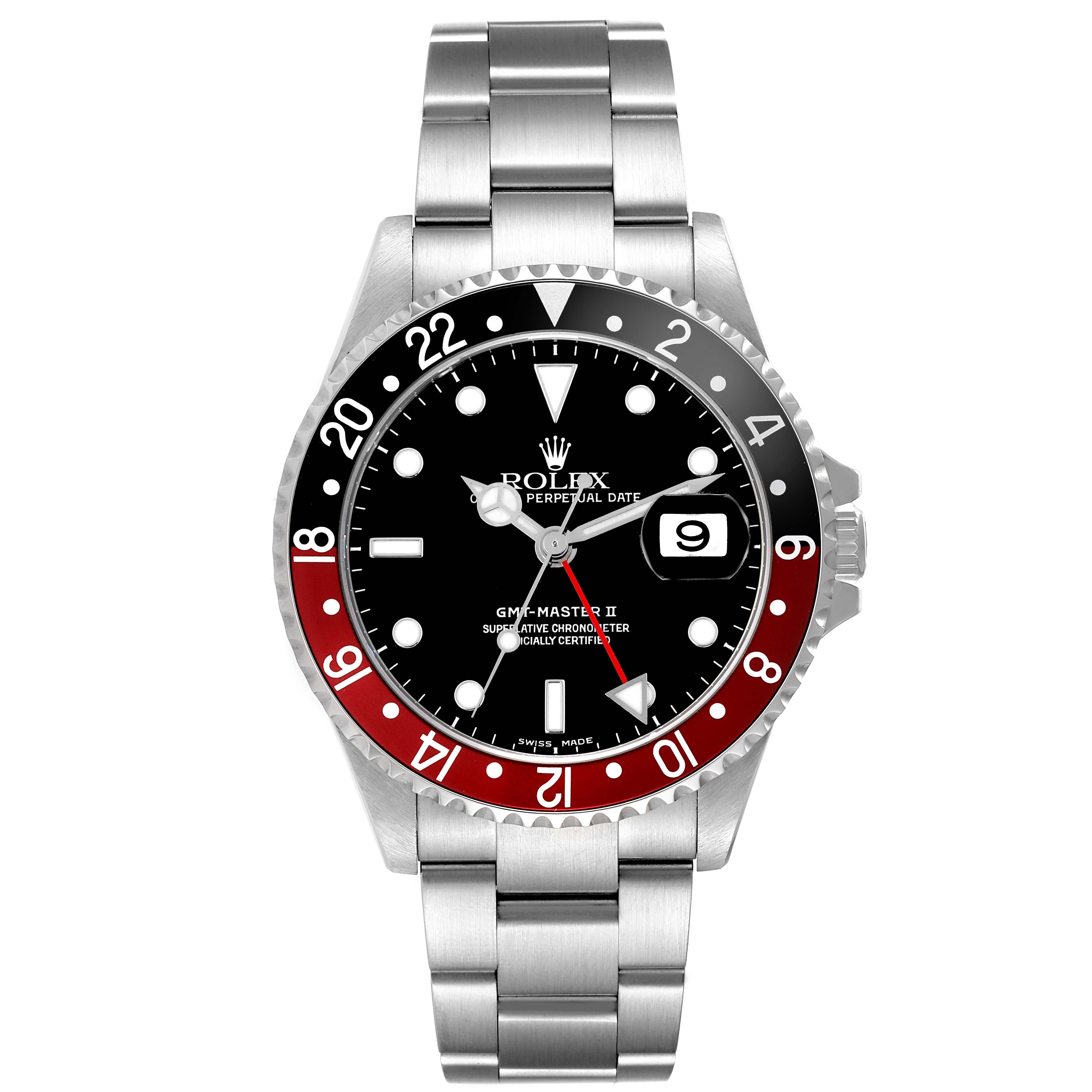 The Rolex GMT-Master 16710 Men
s Stainless Steel Black Dial 16710 Men
s Stainless Steel Black Dial watch is shown from a front angle, displaying the face, bezel, and bracelet.