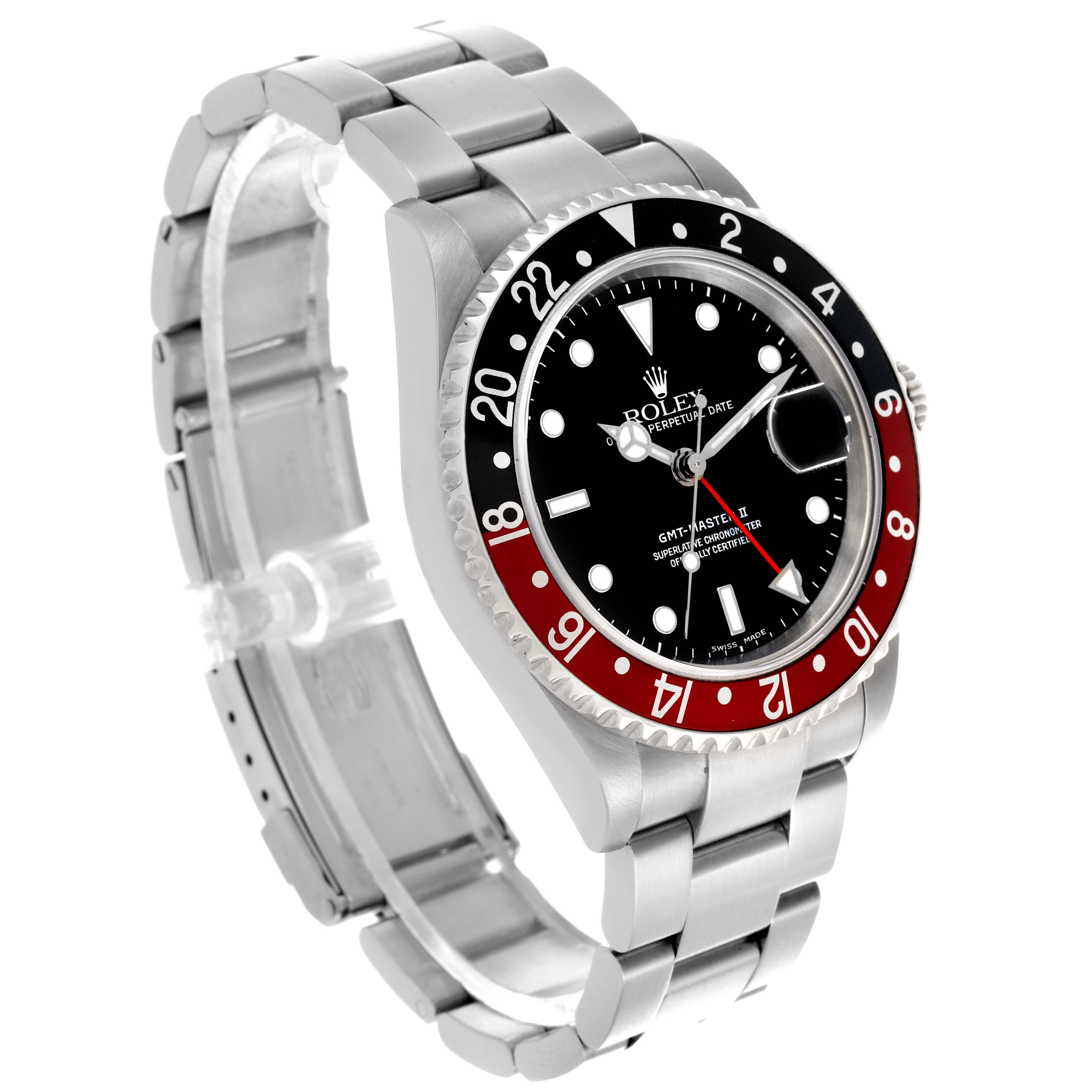 The Rolex GMT-Master 16710 Men
s Stainless Steel Black Dial 16710 Men
s Stainless Steel Black Dial watch is shown at a three-quarter angle, highlighting the face, bezel, and bracelet.