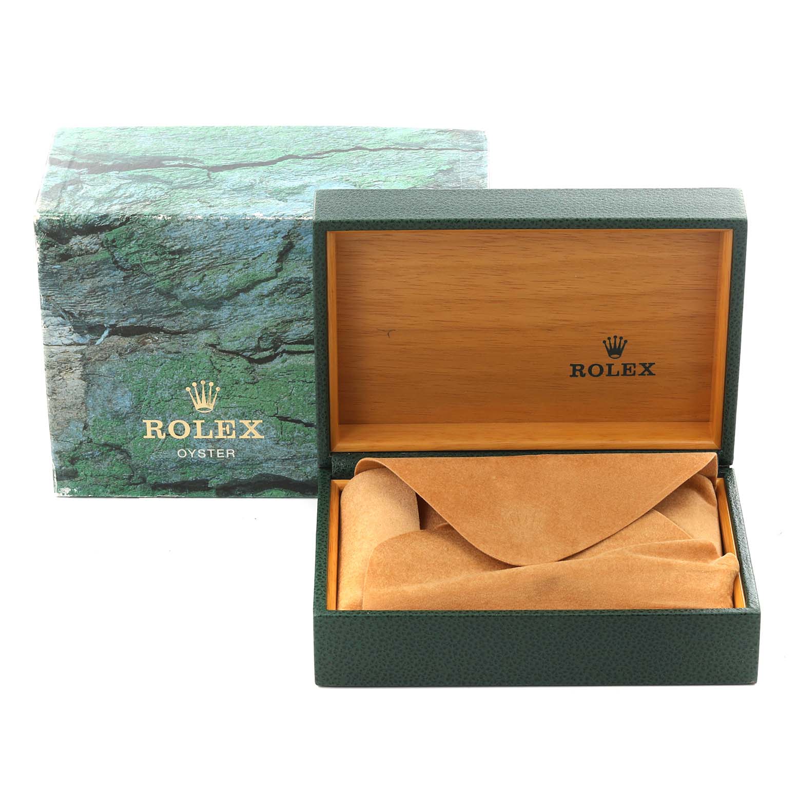 The image shows a Rolex GMT-Master 16710 Men
s Stainless Steel Black Dial 16710 Men
s Stainless Steel Black Dial watch box and outer packaging, with the box open and empty, showcasing the interior lining.