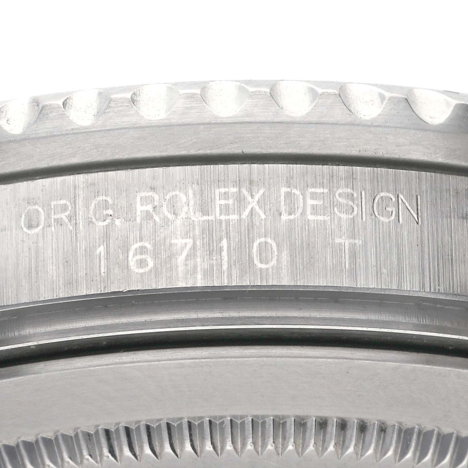 The image shows a close-up of the bezel and case side of a Rolex GMT-Master 16710 Men
s Stainless Steel Black Dial 16710 Men
s Stainless Steel Black Dial, highlighting the engraved model details.
