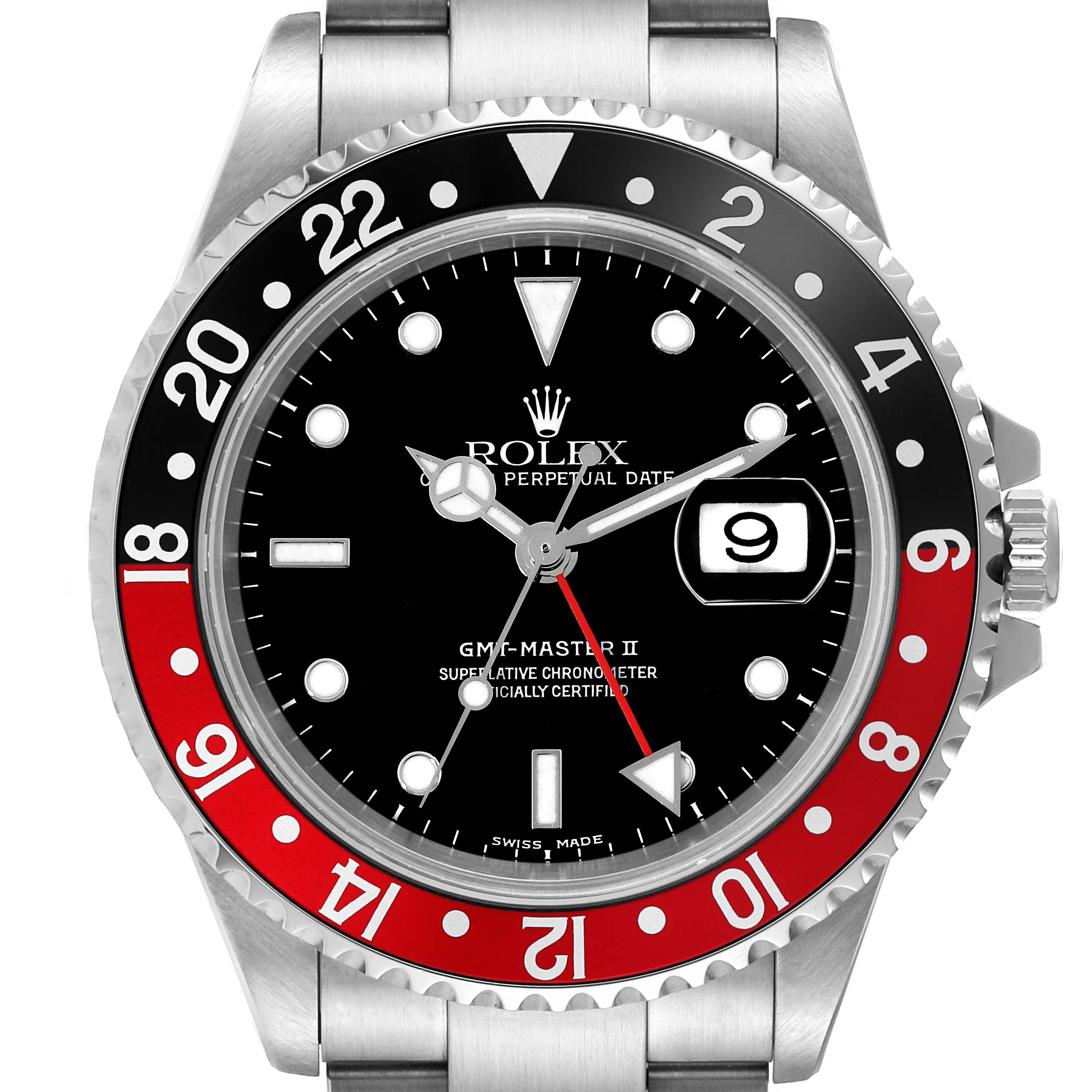 The image shows a frontal view of the Rolex GMT-Master 16710 Men's Stainless Steel Black Dial 16710 Men's Stainless Steel Black Dial II watch, highlighting its bezel, dial, and bracelet.