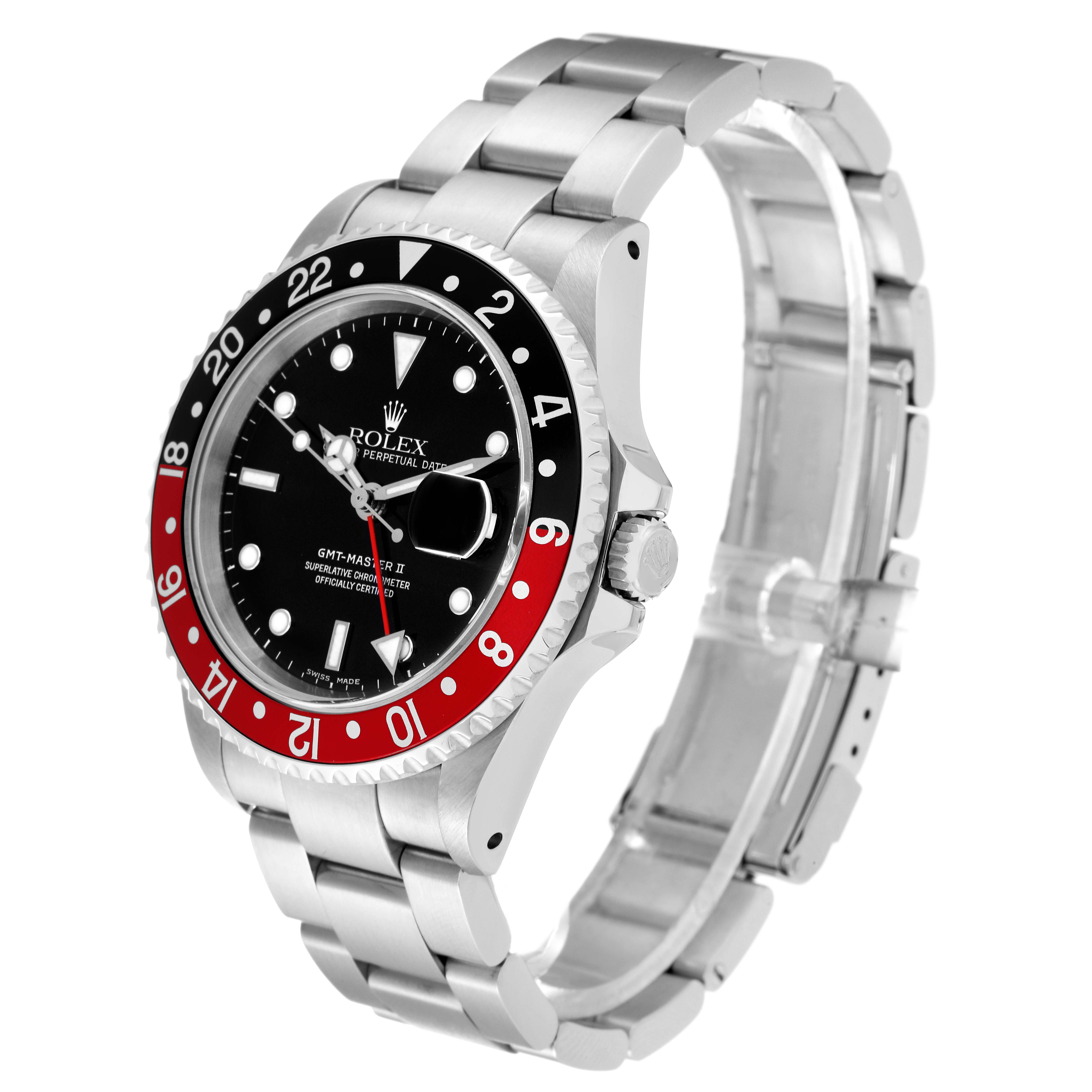 The Rolex GMT-Master 16710 Men's Stainless Steel Black Dial 16710 Men's Stainless Steel Black Dial watch is angled to show the front dial, bezel, and stainless steel bracelet.