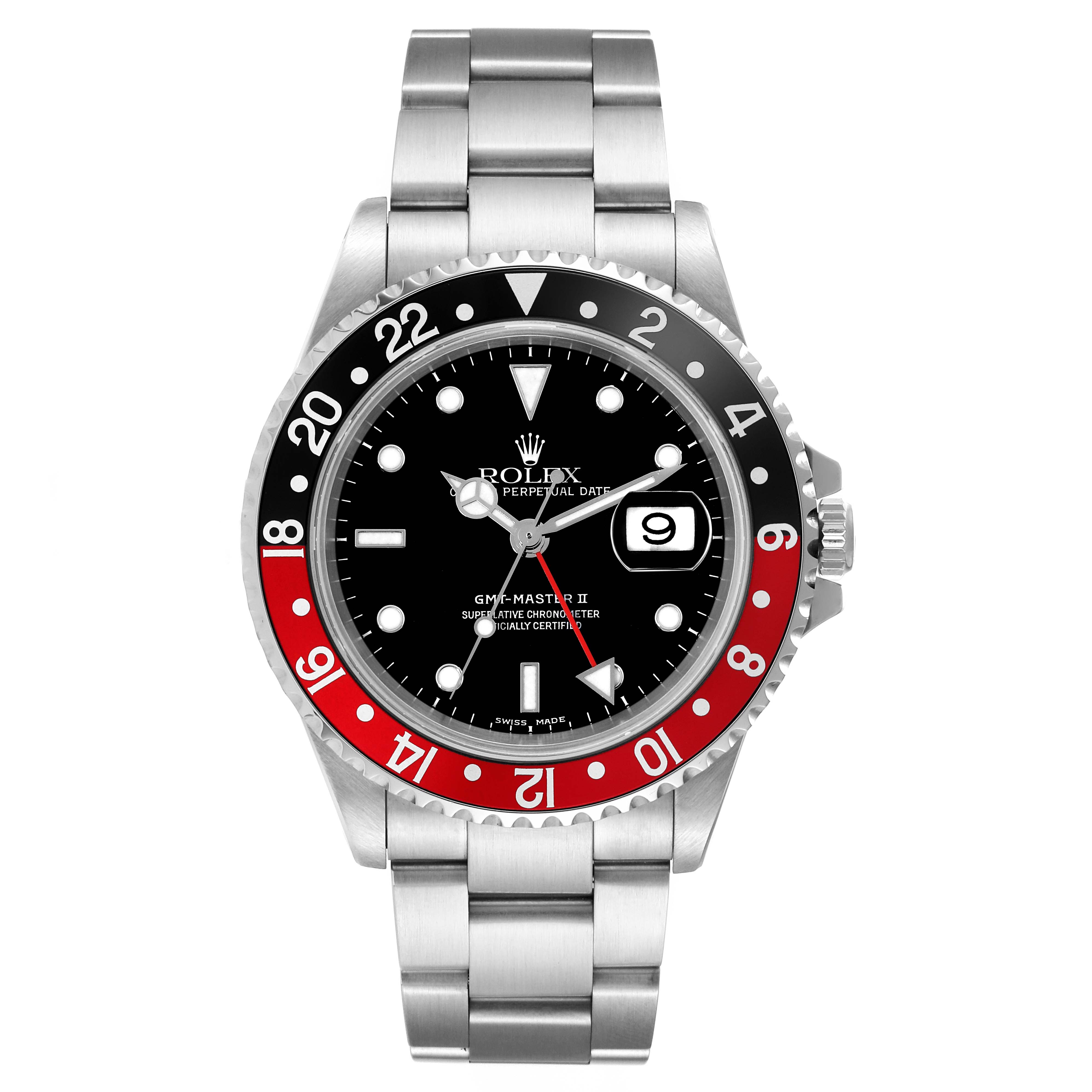 This image shows a front view of a Rolex GMT-Master 16710 Men's Stainless Steel Black Dial 16710 Men's Stainless Steel Black Dial II watch, highlighting the dial, bezel, bracelet, and date window.
