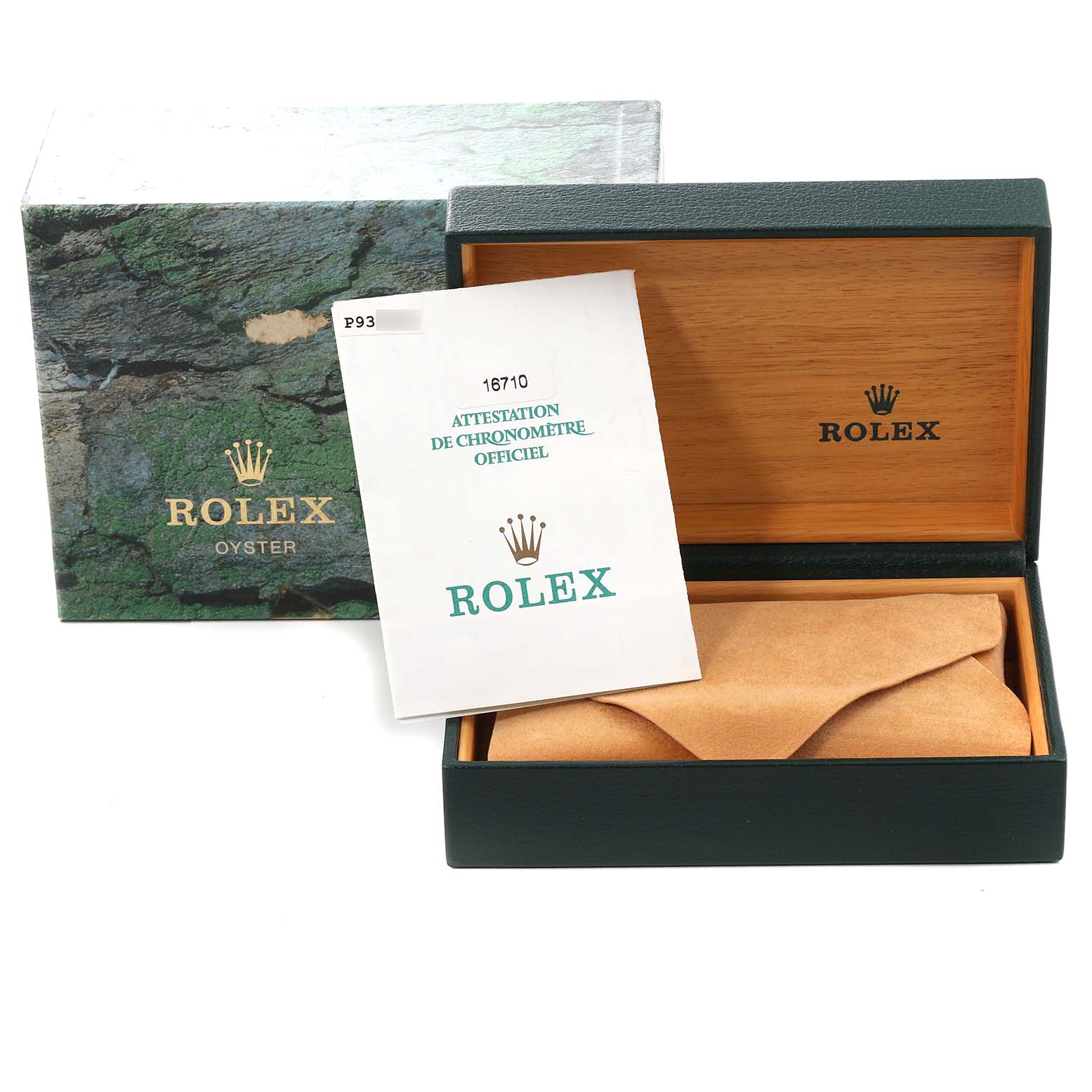 The image shows the box, inner casing, and official attestation document for the Rolex GMT-Master 16710 Men's Stainless Steel Black Dial 16710 Men's Stainless Steel Black Dial watch.