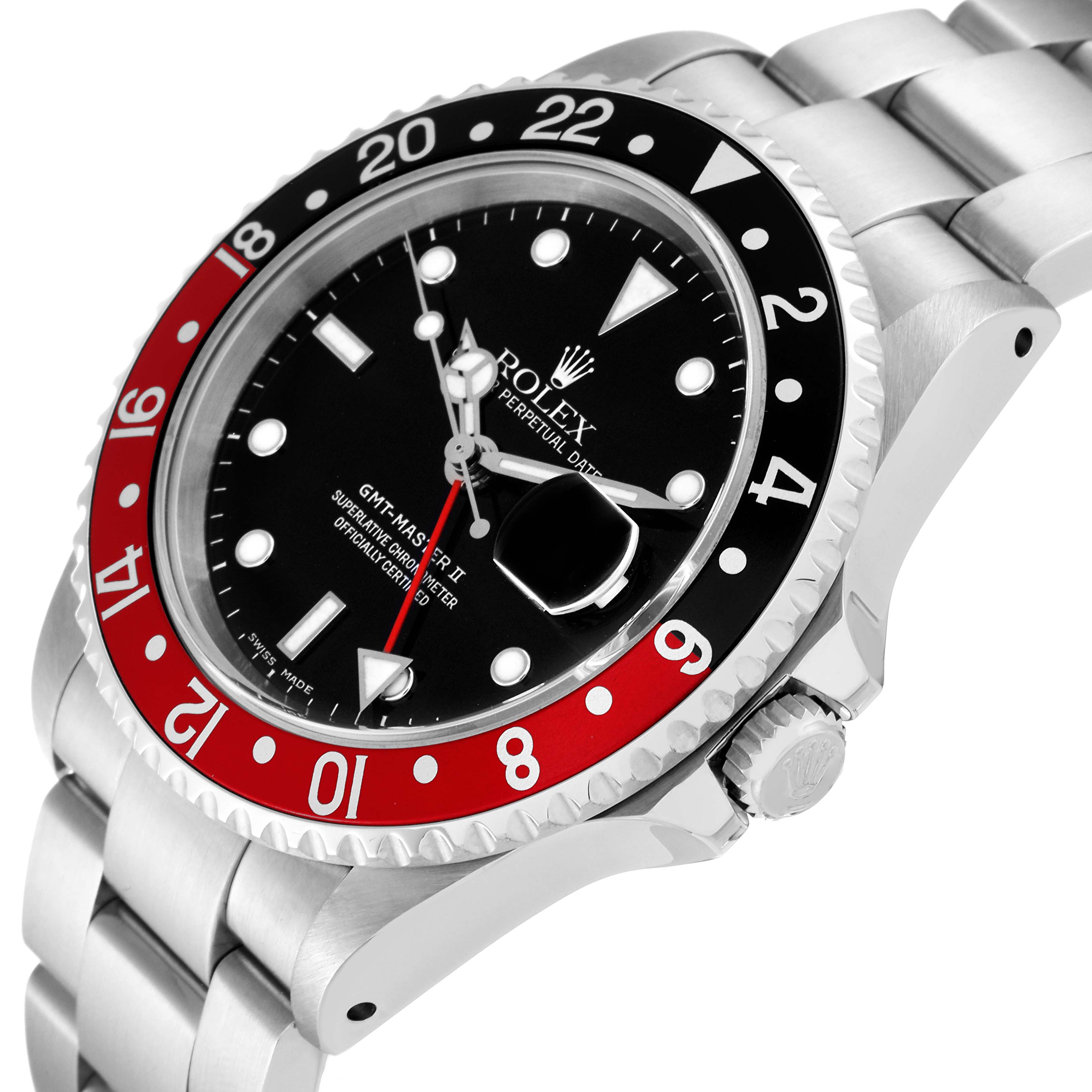 The image shows a side and slightly tilted view of the Rolex GMT-Master 16710 Men's Stainless Steel Black Dial 16710 Men's Stainless Steel Black Dial II's face, bezel, crown, and bracelet.