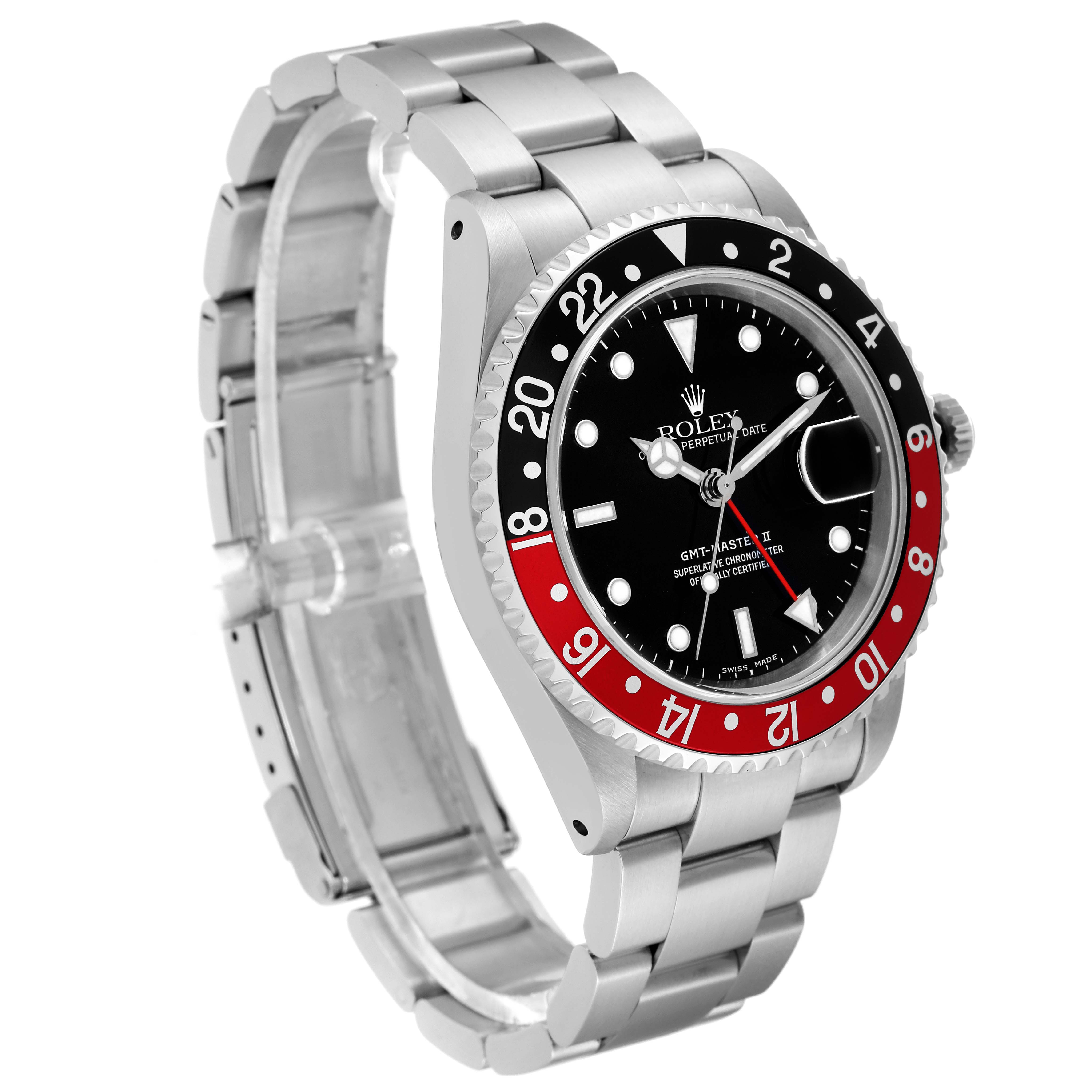 The image shows a Rolex GMT-Master 16710 Men's Stainless Steel Black Dial 16710 Men's Stainless Steel Black Dial watch at an angle that highlights its face, bezel, and bracelet.