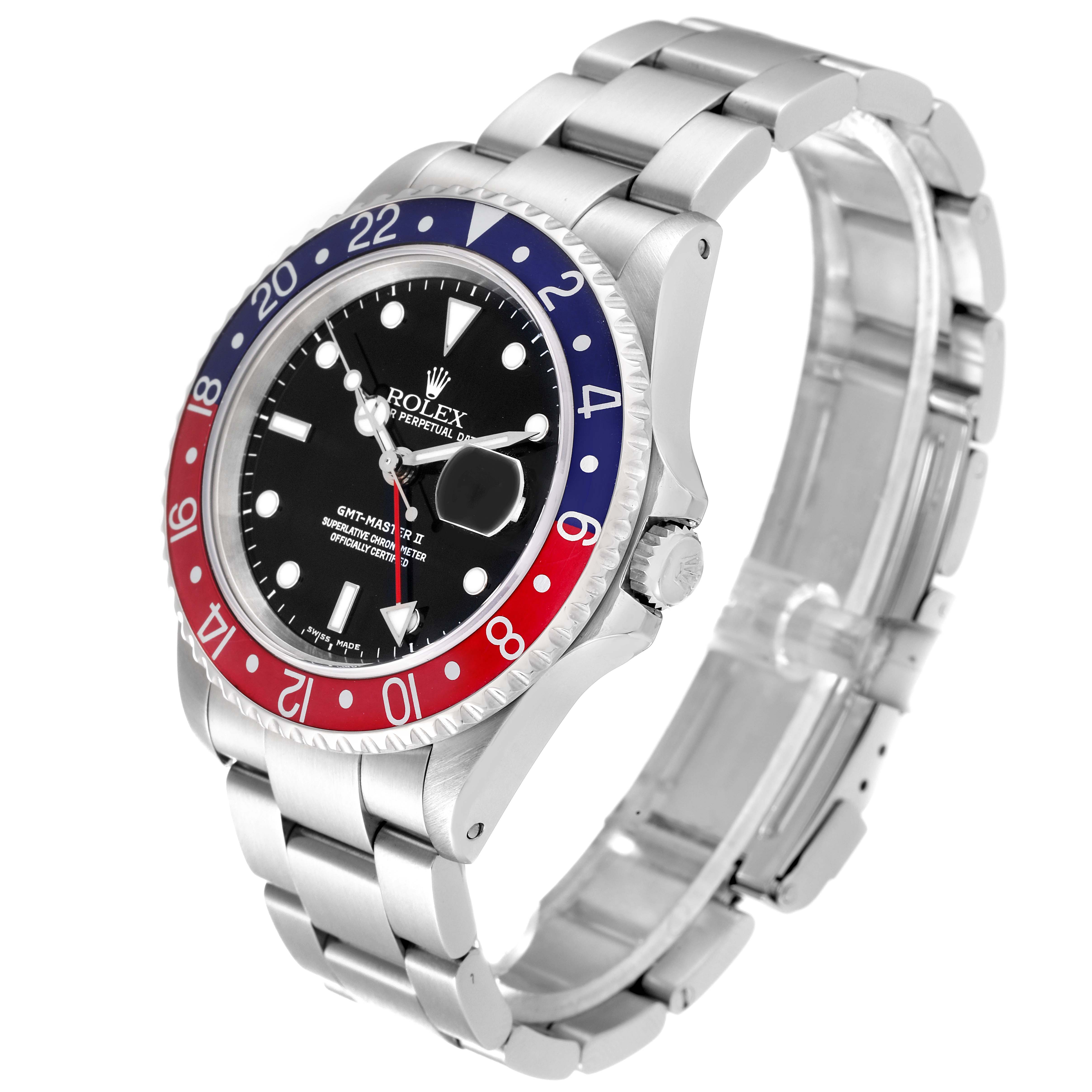 The image shows a Rolex GMT-Master 16710 Men
s Stainless Steel Black Dial 16710 Men
s Stainless Steel Black Dial II watch from an angled perspective, highlighting the bezel, dial, and stainless steel bracelet.