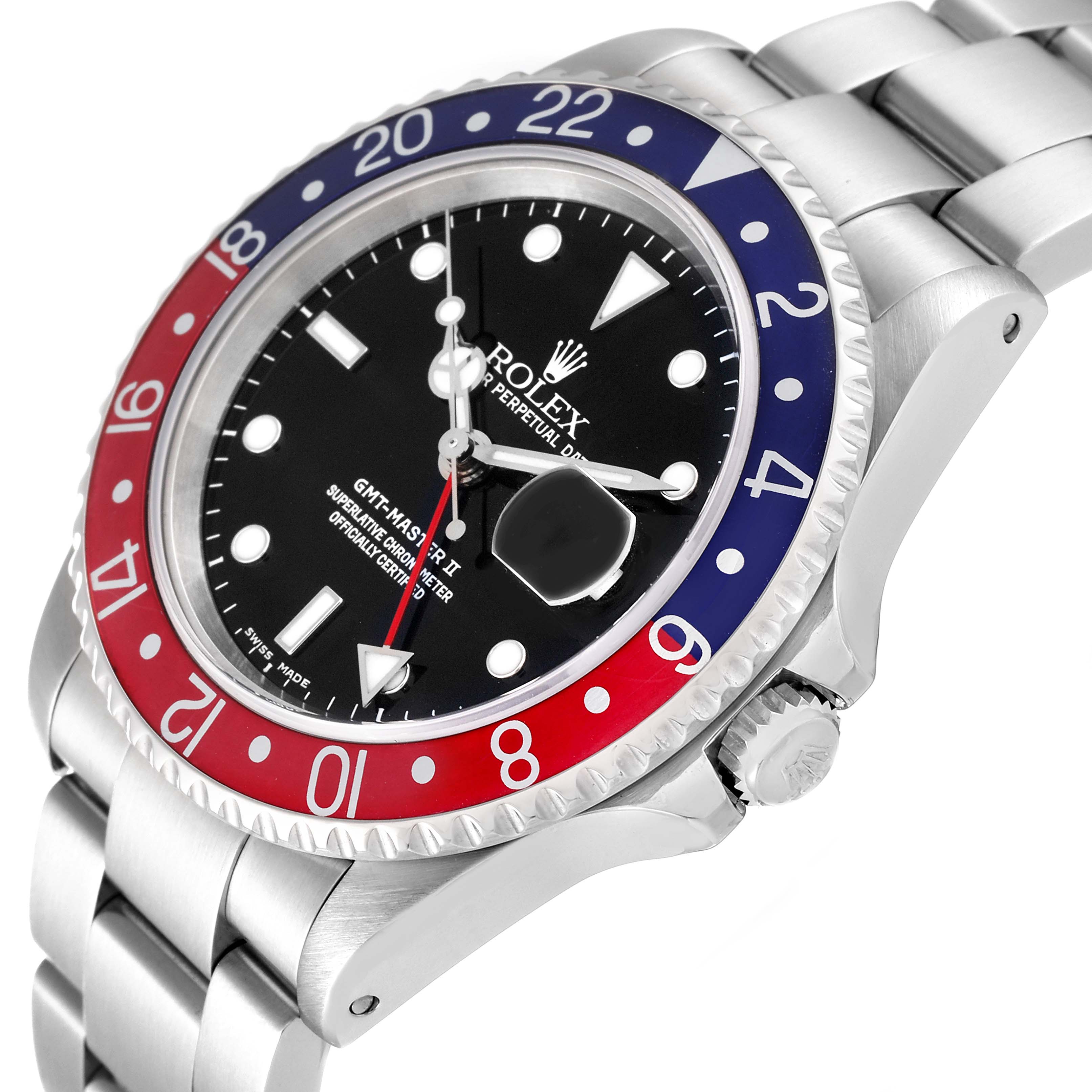 The image shows a Rolex GMT-Master 16710 Men
s Stainless Steel Black Dial 16710 Men
s Stainless Steel Black Dial II watch from a three-quarter angle, highlighting the bezel, dial, and bracelet.