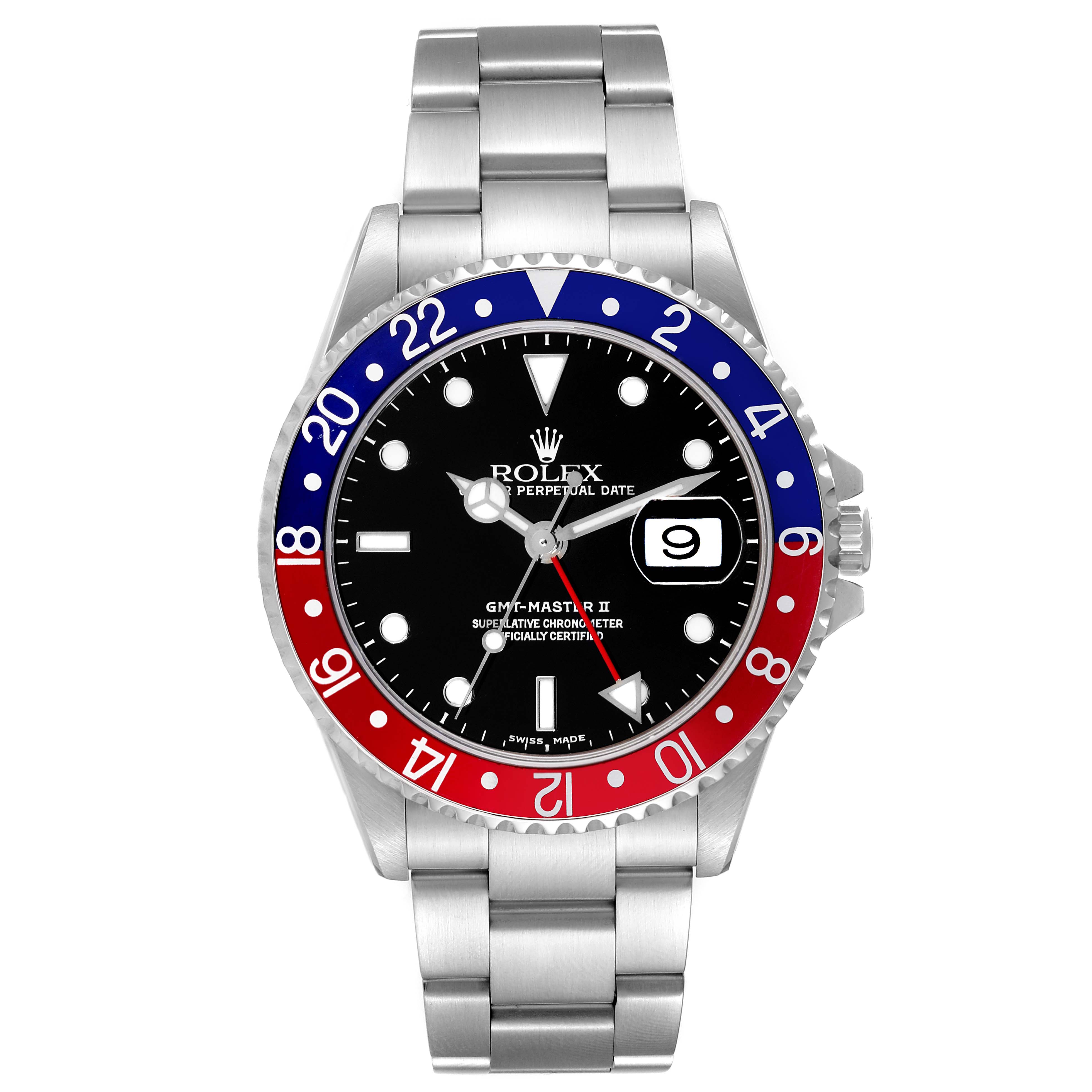 The image shows a frontal view of a Rolex GMT-Master 16710 Men
s Stainless Steel Black Dial 16710 Men
s Stainless Steel Black Dial watch, featuring its dial, bezel, hands, date window, and bracelet.