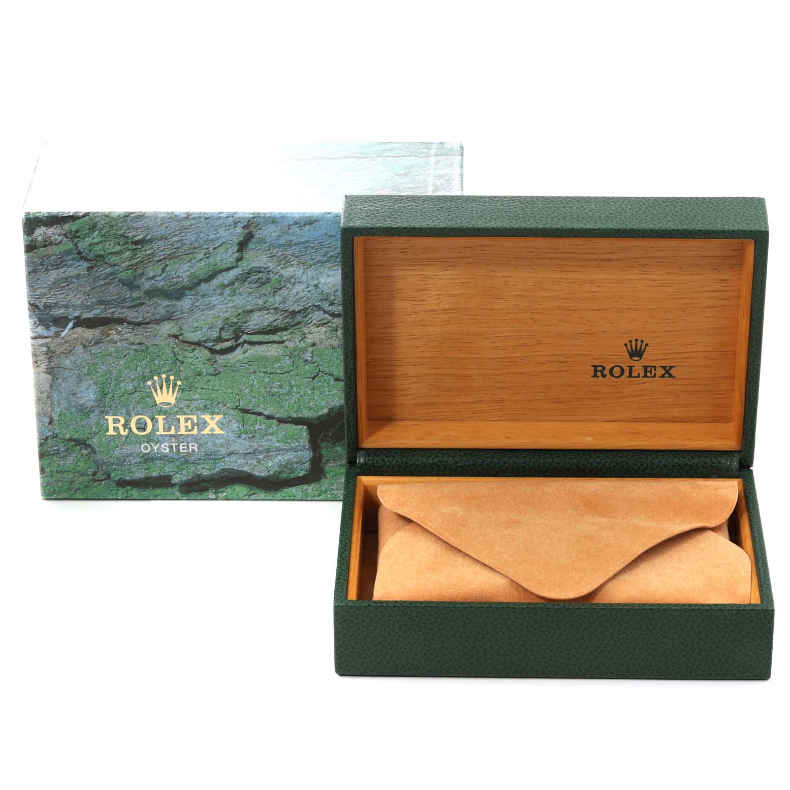 The image shows a green textured Rolex box with an open wooden interior, associated with the Rolex GMT-Master 16710 Men
s Stainless Steel Black Dial 16710 Men
s Stainless Steel Black Dial model.