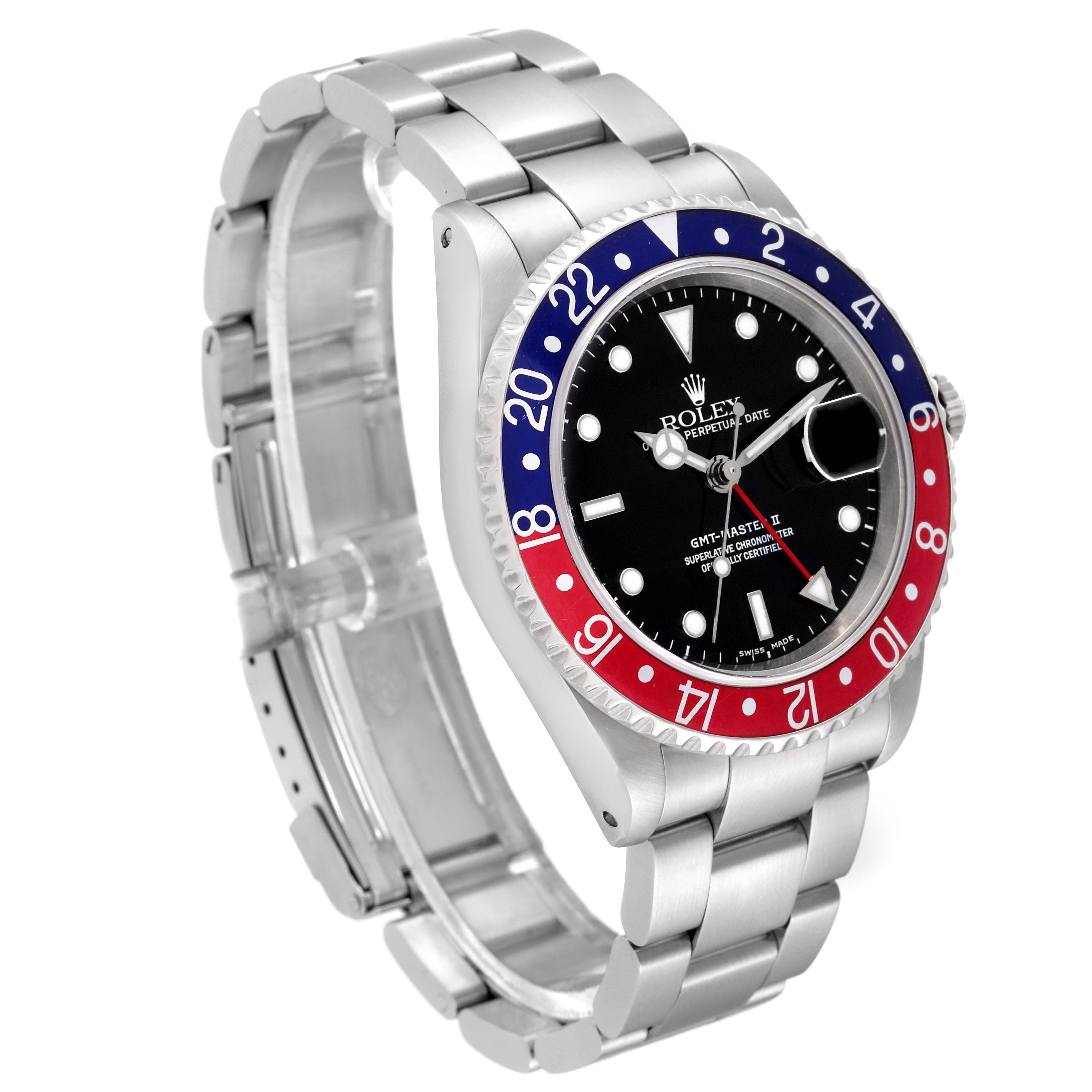 The image shows a Rolex GMT-Master 16710 Men
s Stainless Steel Black Dial 16710 Men
s Stainless Steel Black Dial watch at a left three-quarter angle, highlighting the bezel, dial, and bracelet.