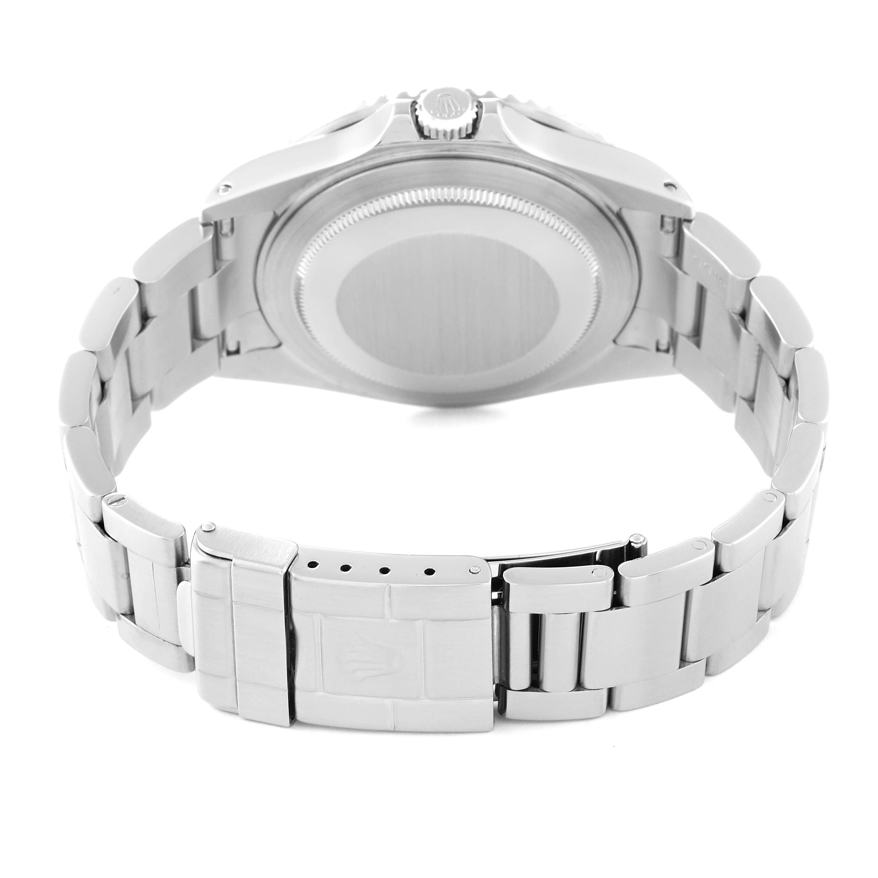 The image shows the back view of a Rolex GMT-Master 16710 Men
s Stainless Steel Black Dial 16710 Men
s Stainless Steel Black Dial watch, featuring its case back, crown, and bracelet with clasp.