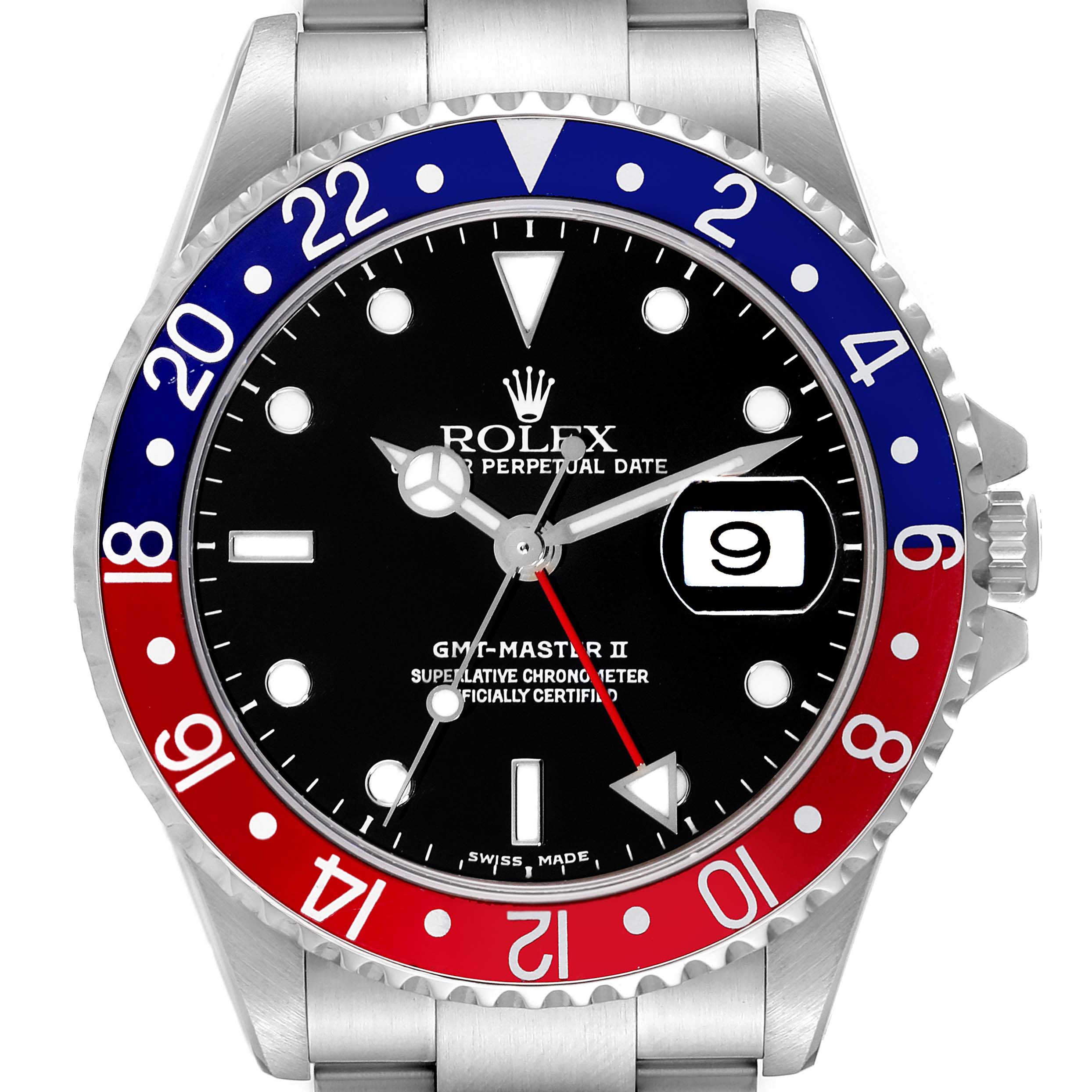 This image shows a front view of a Rolex GMT-Master 16710 Men
s Stainless Steel Black Dial 16710 Men
s Stainless Steel Black Dial II watch, highlighting its black dial, date function, and red and blue bezel.