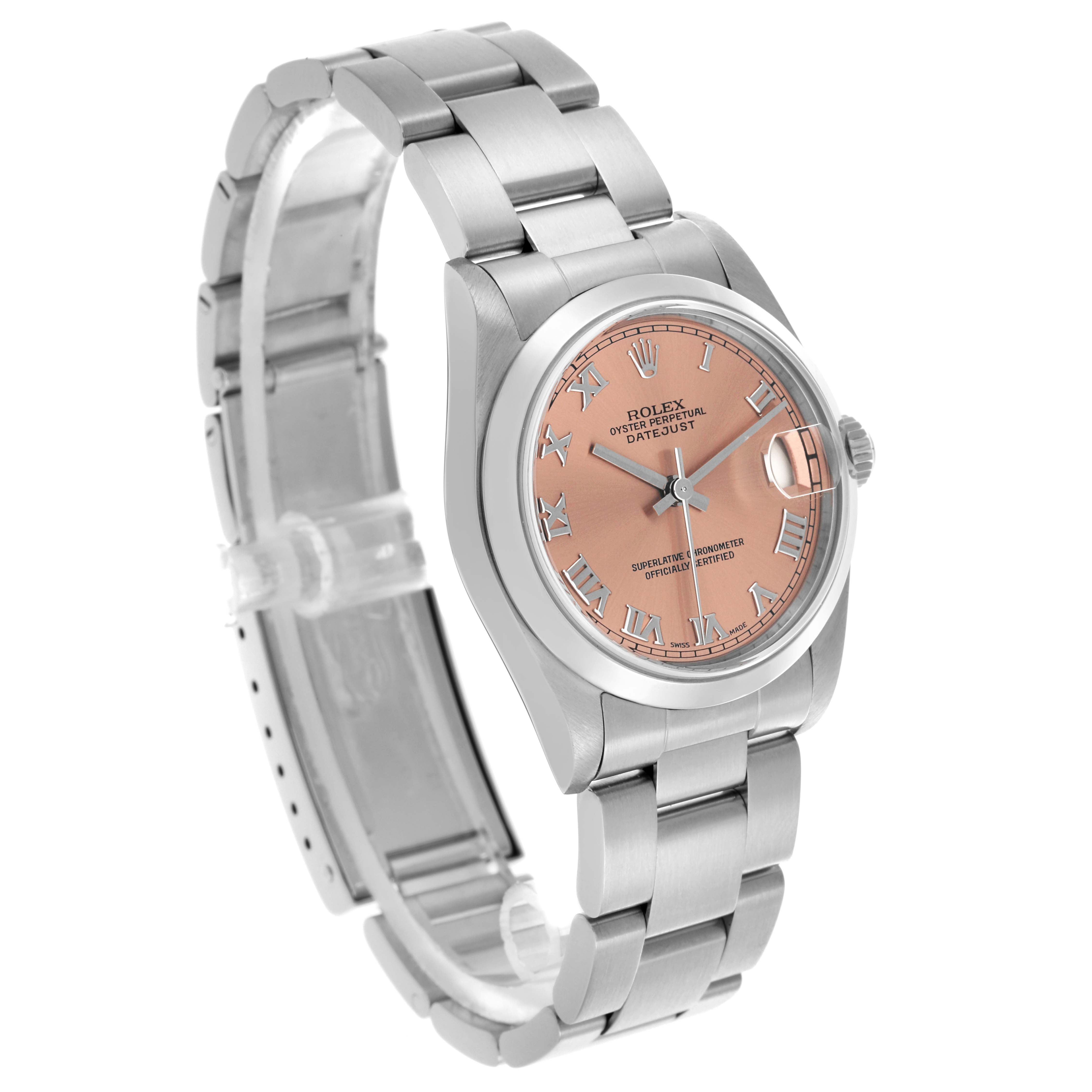 The Rolex Datejust Mid-Size is shown at an angled view highlighting the face, bracelet, and crown.