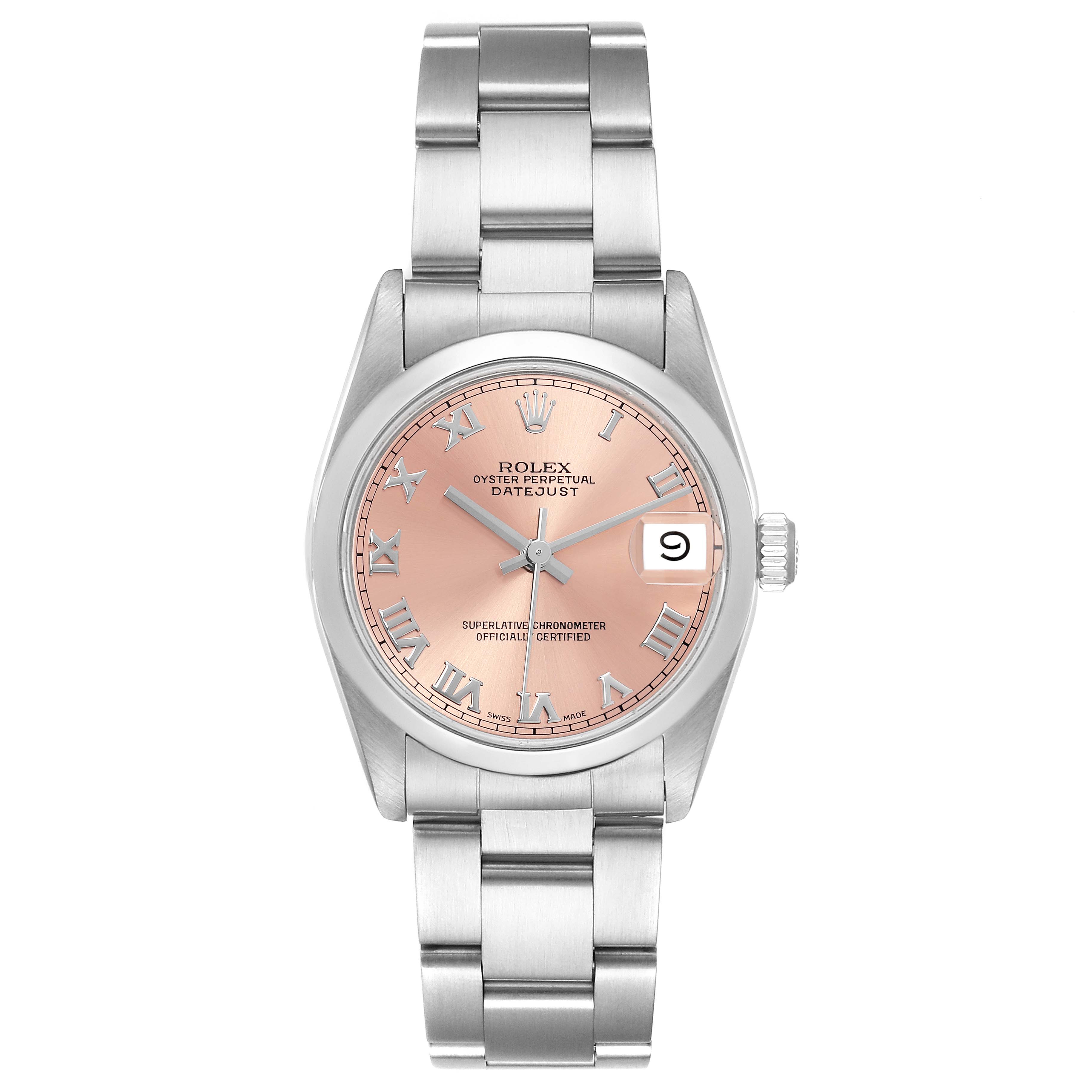 The Rolex Mid-Size 68240 Women's Stainless Steel Pink Dial 68240 Women's Stainless Steel Pink Dial Oyster Perpetual Datejust is shown from a front view, displaying the dial, bracelet, and date window.
