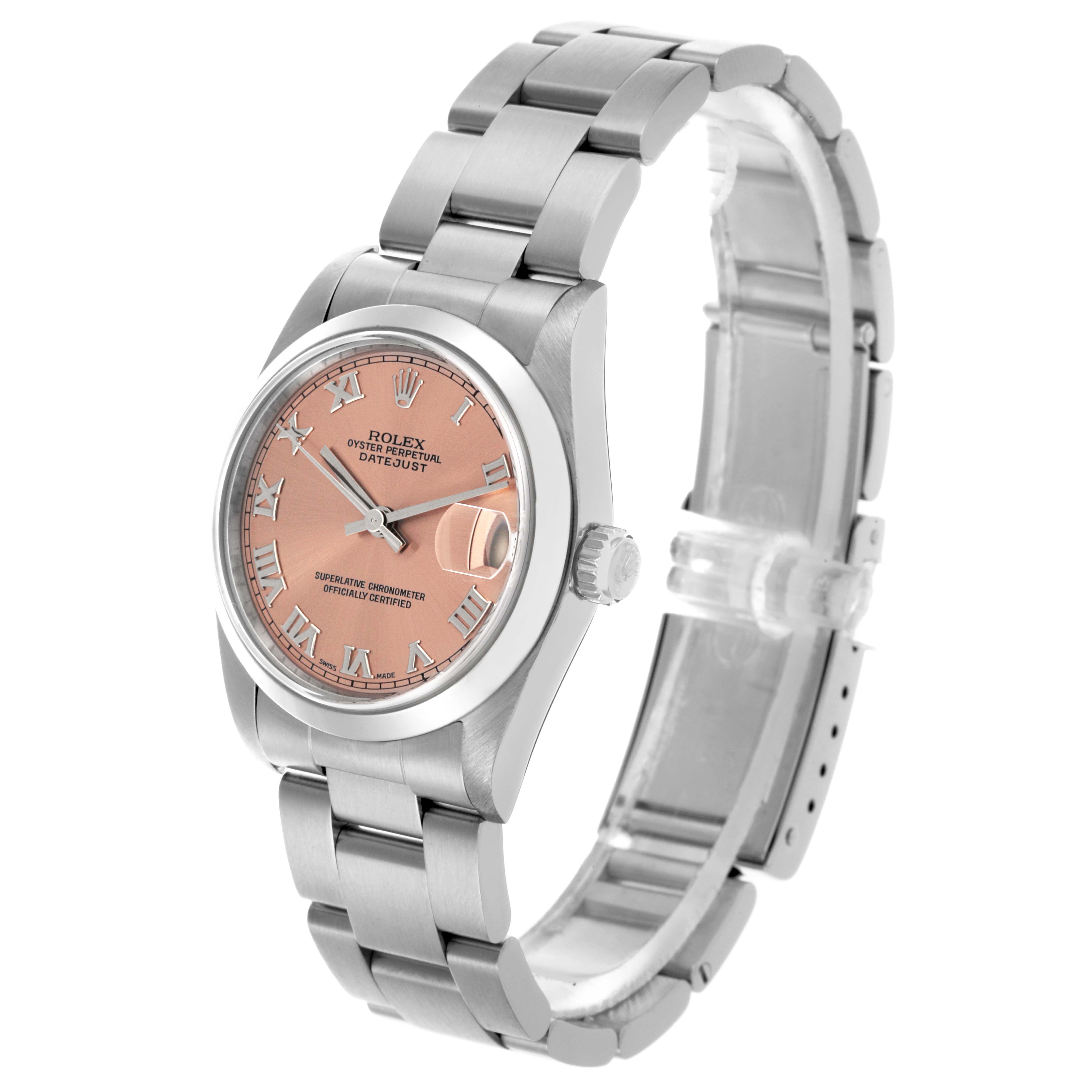 The Rolex Mid-Size 68240 Women's Stainless Steel Pink Dial 68240 Women's Stainless Steel Pink Dial watch is shown at a side angle, displaying the dial, crown, and bracelet.