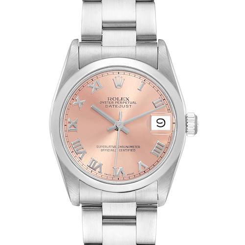 The Rolex Datejust Mid-Size is shown from a front angle, displaying the dial, case, crown, and part of the bracelet.