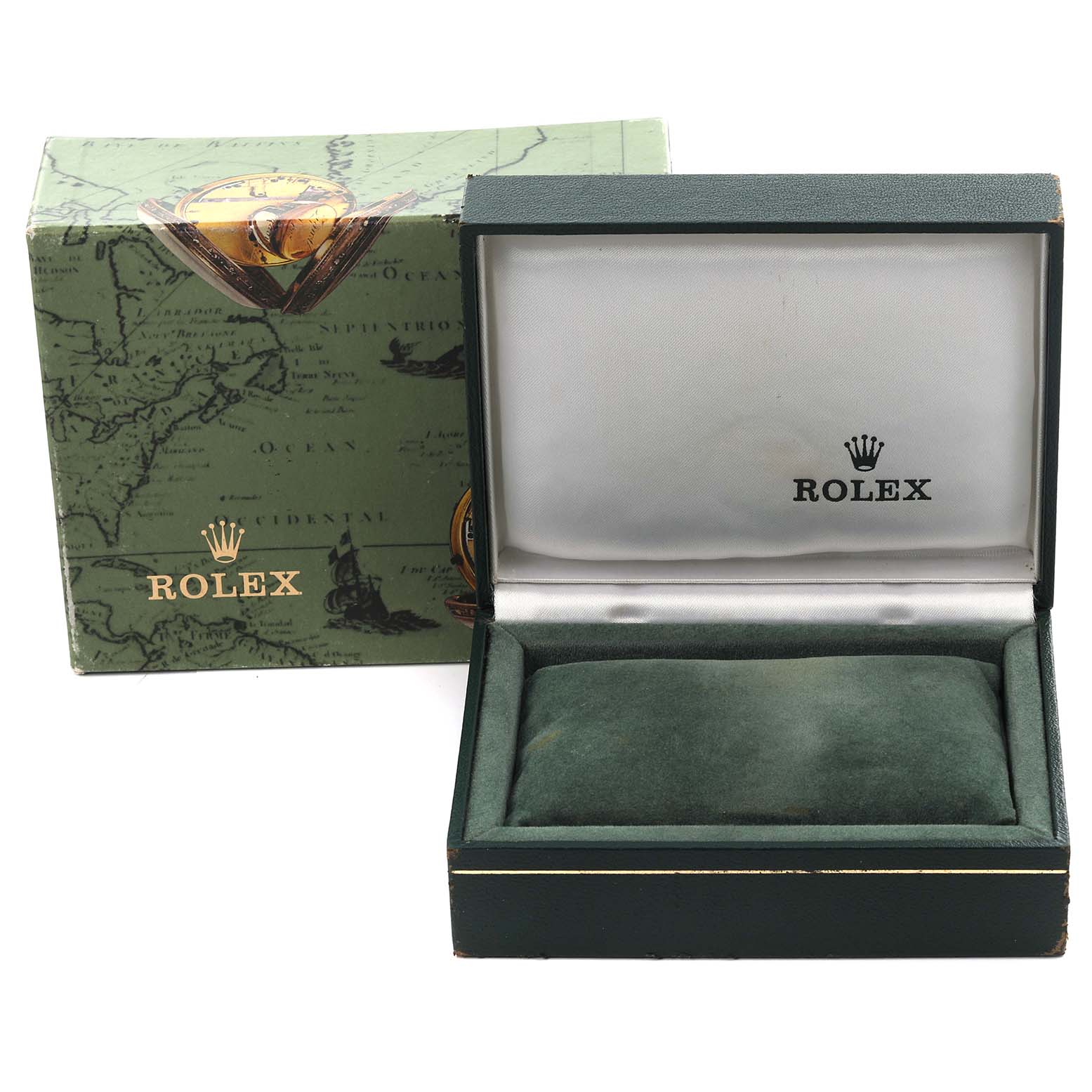 The image shows a Rolex watch box for a Mid-Size model, with the lid open and an outer box nearby.