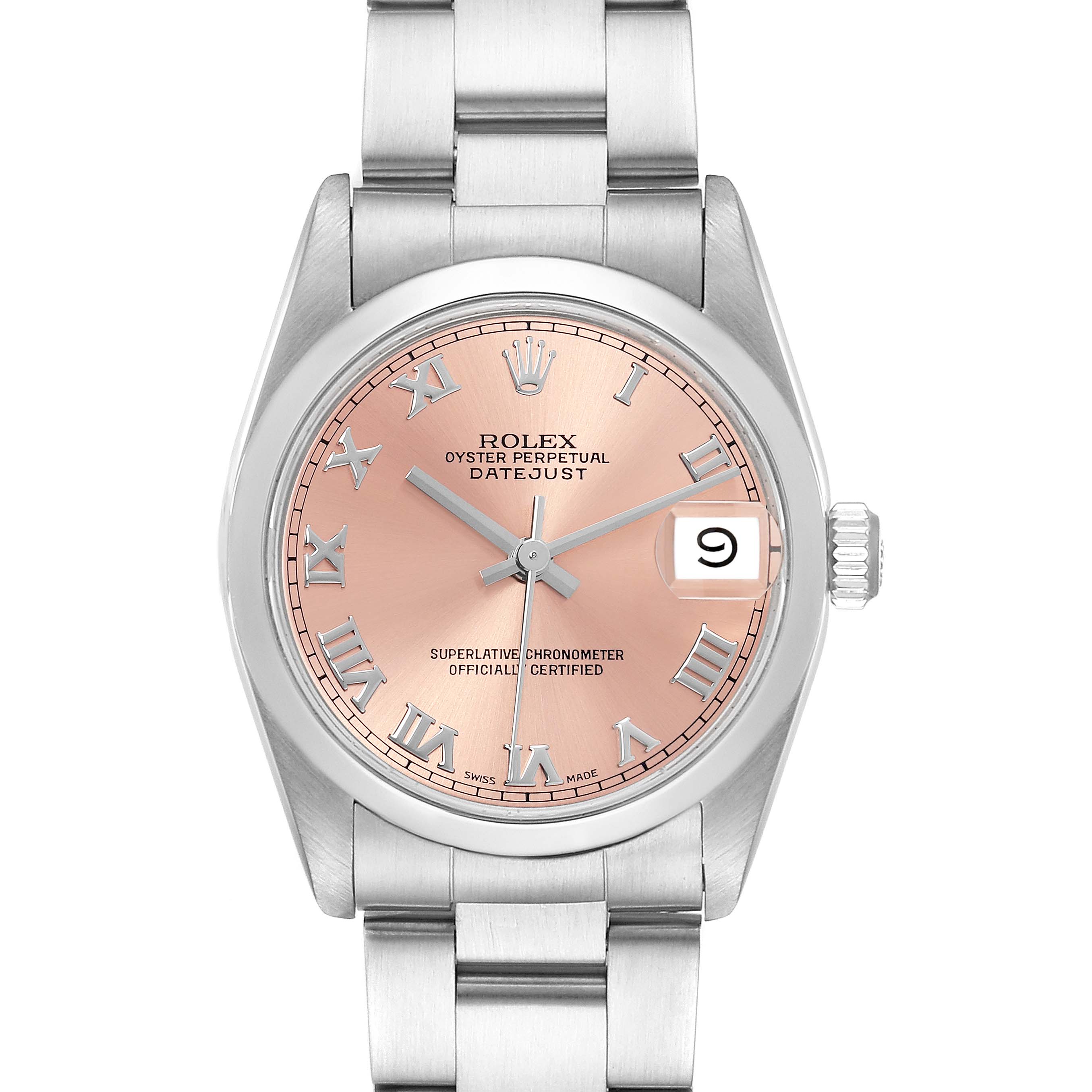 The image shows a frontal view of the Rolex Datejust Mid-Size watch, highlighting the dial, hands, and bracelet.
