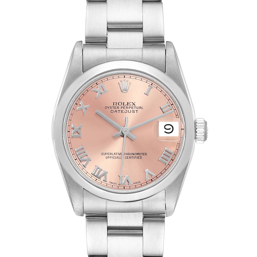 The image shows a frontal view of the Rolex Datejust Mid-Size watch, highlighting the dial, hands, and bracelet.