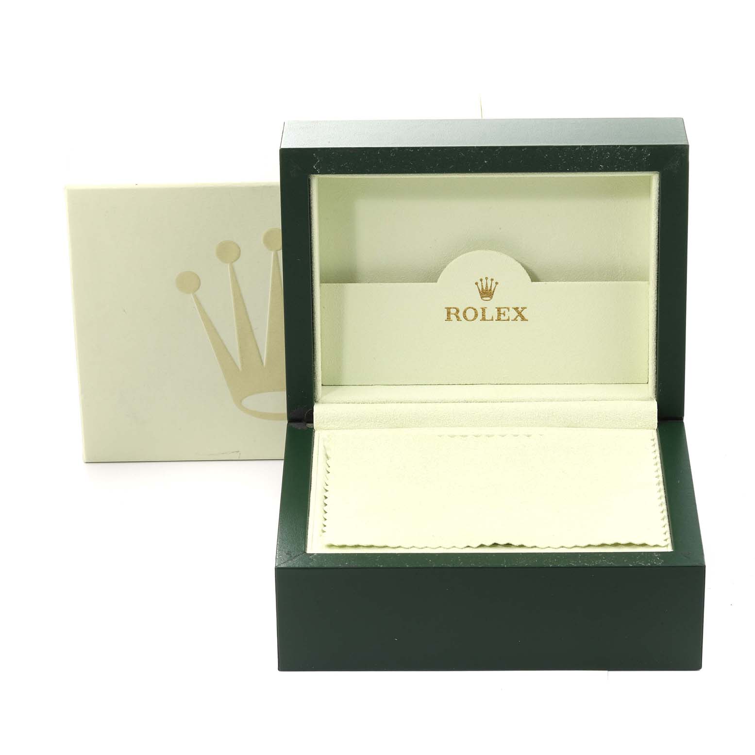 This image shows an open green and cream Rolex watch box for the Oyster Perpetual model with a cleaning cloth inside.
