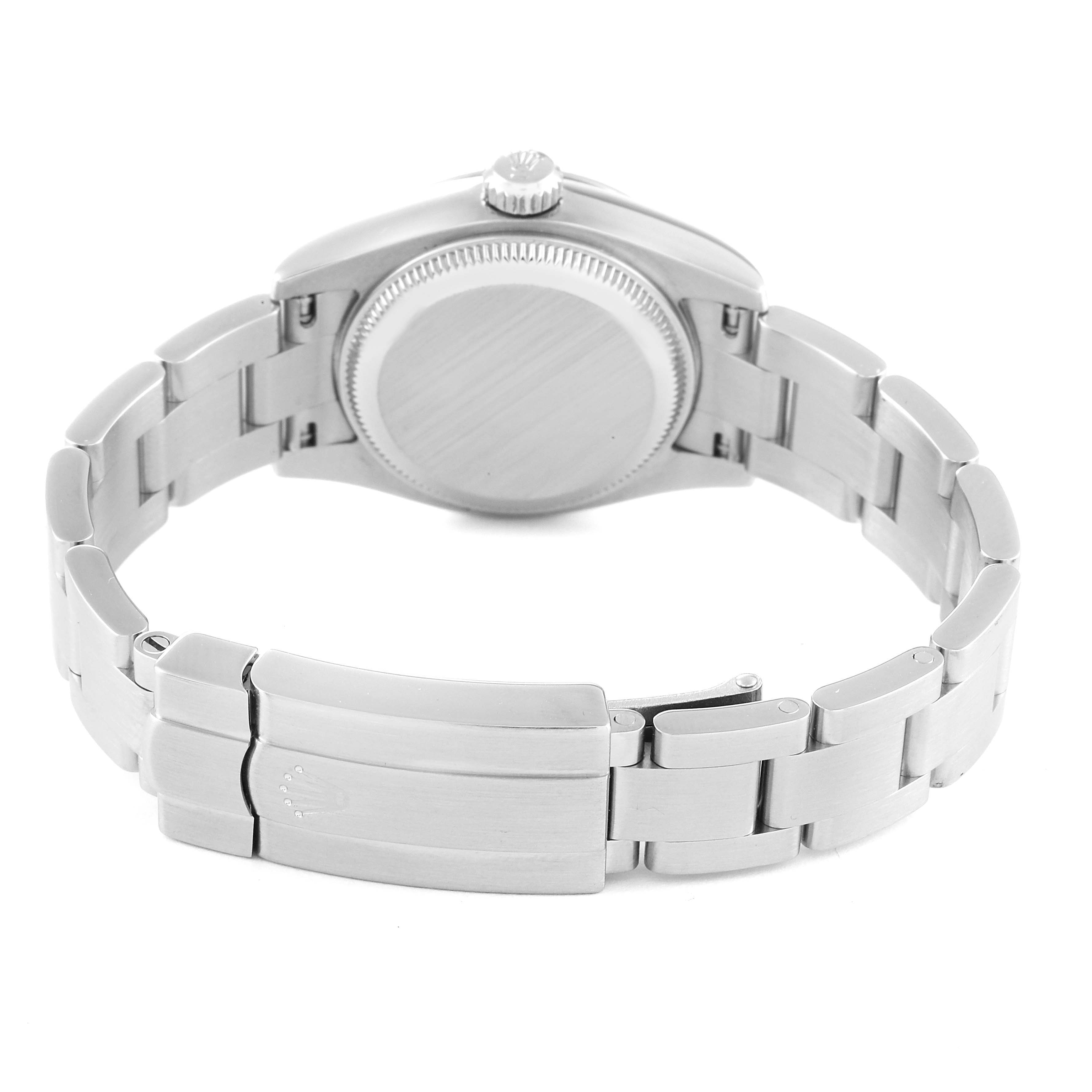 The image shows the back and bracelet clasp of a Rolex Oyster Perpetual 176200 Women's Stainless Steel Black Dial 176200 Women's Stainless Steel Black Dial watch from a rear angle.