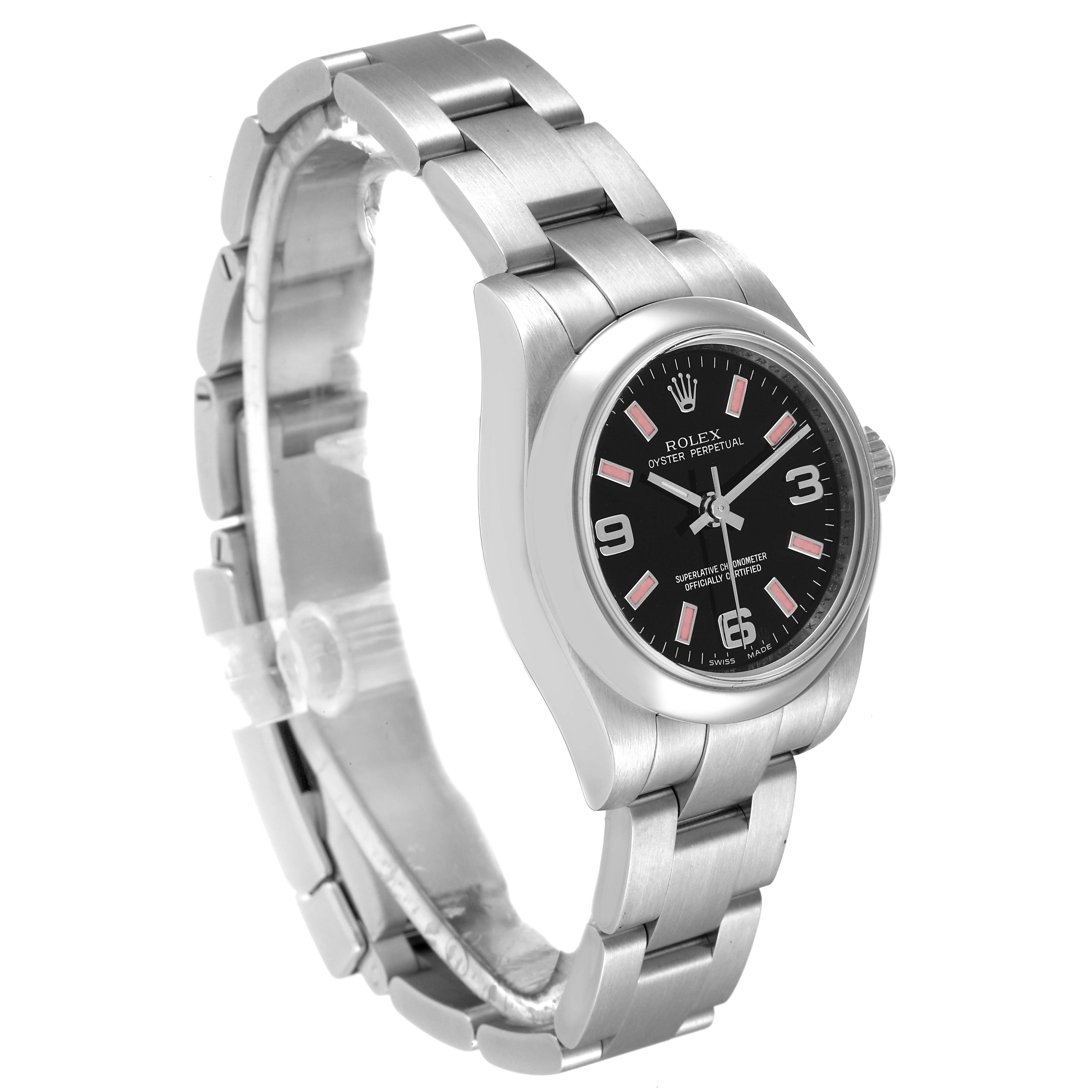 This image shows a side and front view of a Rolex Oyster Perpetual 176200 Women's Stainless Steel Black Dial 176200 Women's Stainless Steel Black Dial watch, highlighting its stainless steel band and black dial.