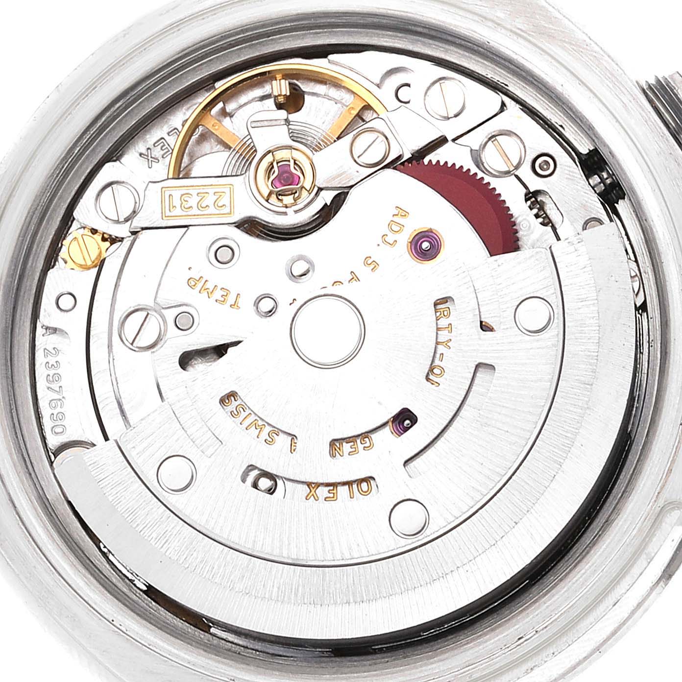 The image shows the inner mechanical parts of a Rolex Oyster Perpetual 176200 Women's Stainless Steel Black Dial 176200 Women's Stainless Steel Black Dial watch from a top-down angle, revealing the movement.