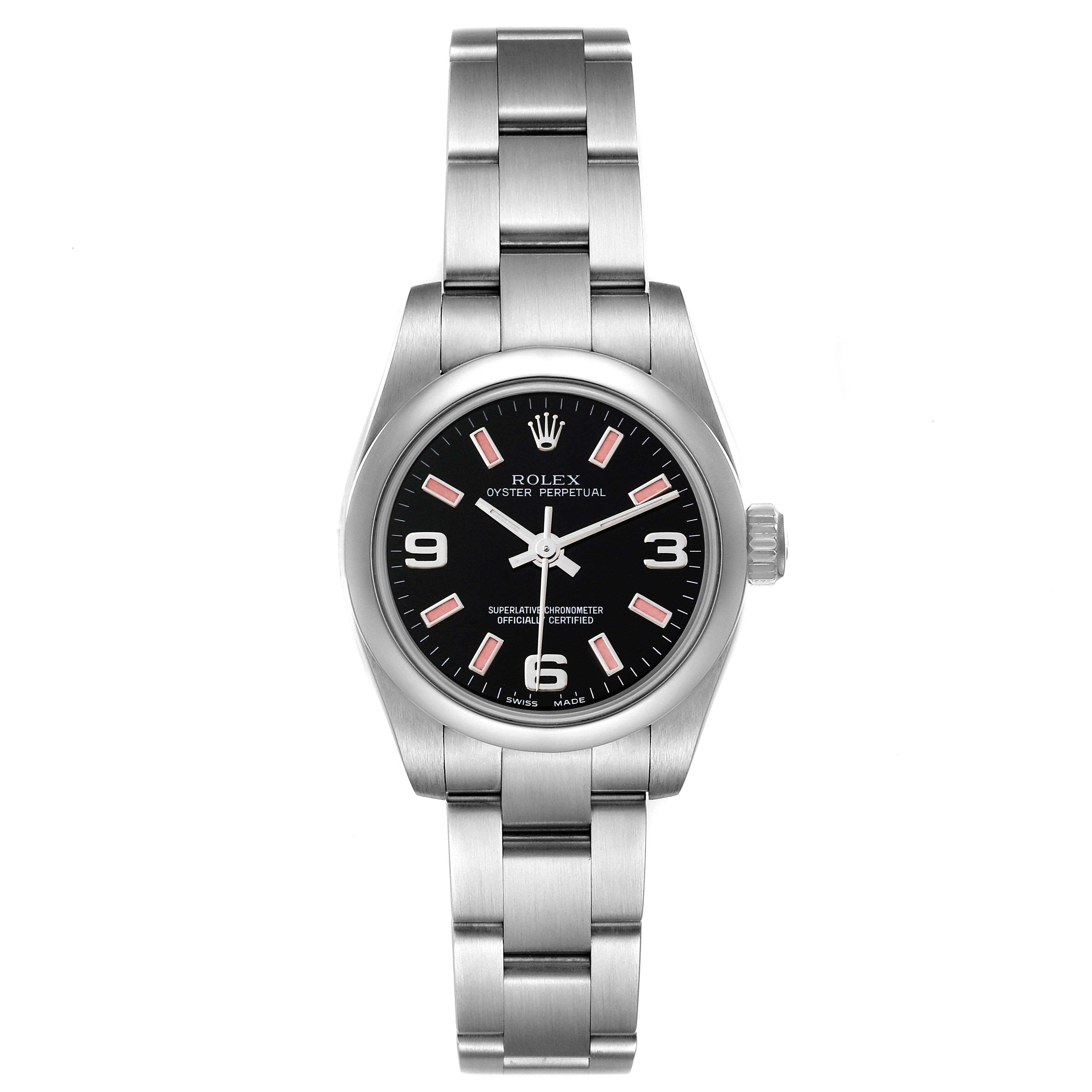 The image shows a front view of the Rolex Oyster Perpetual 176200 Women's Stainless Steel Black Dial 176200 Women's Stainless Steel Black Dial watch, featuring its black dial and stainless steel bracelet.
