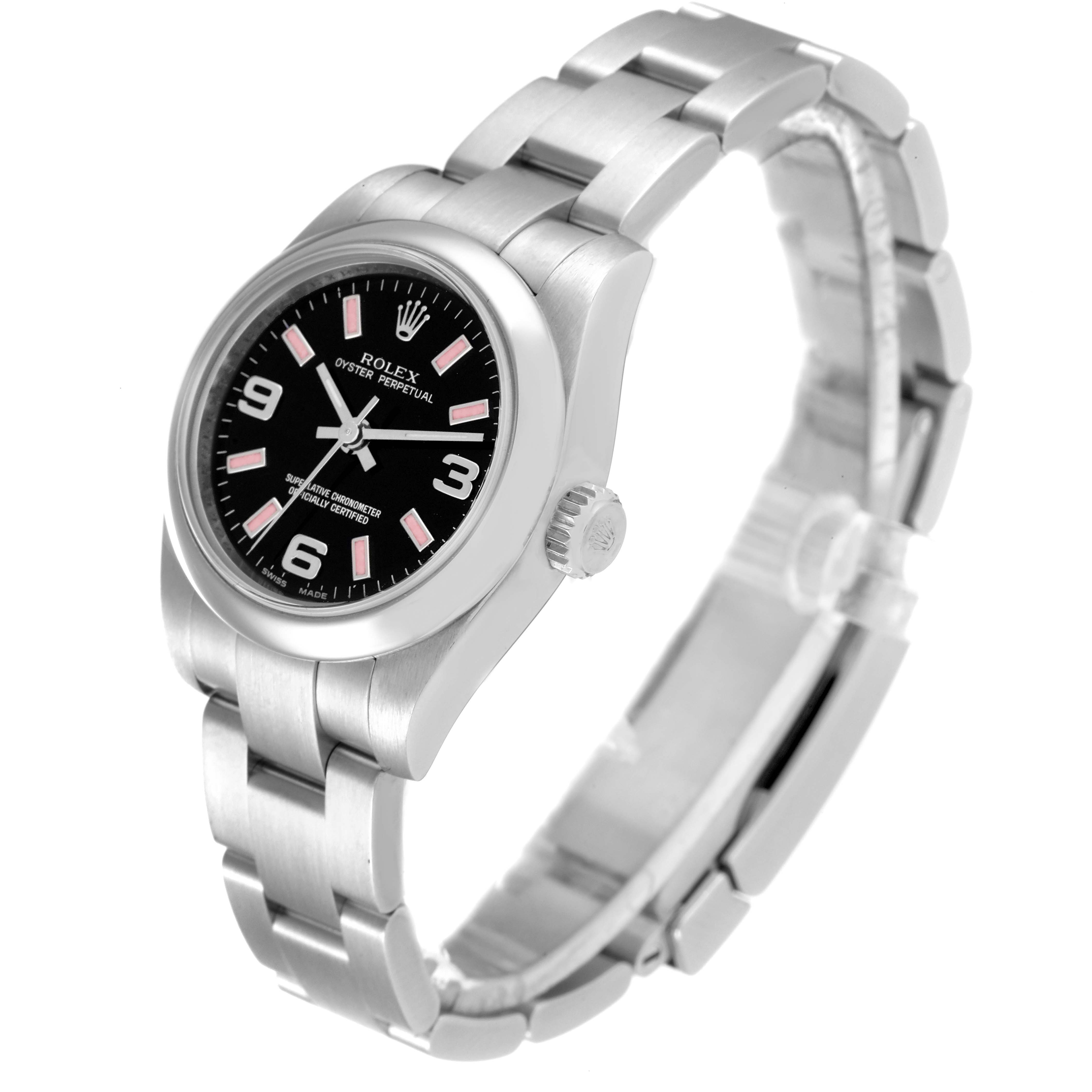 This Rolex Oyster Perpetual 176200 Women's Stainless Steel Black Dial 176200 Women's Stainless Steel Black Dial watch is shown from a front-facing angle, displaying its face, crown, and bracelet.