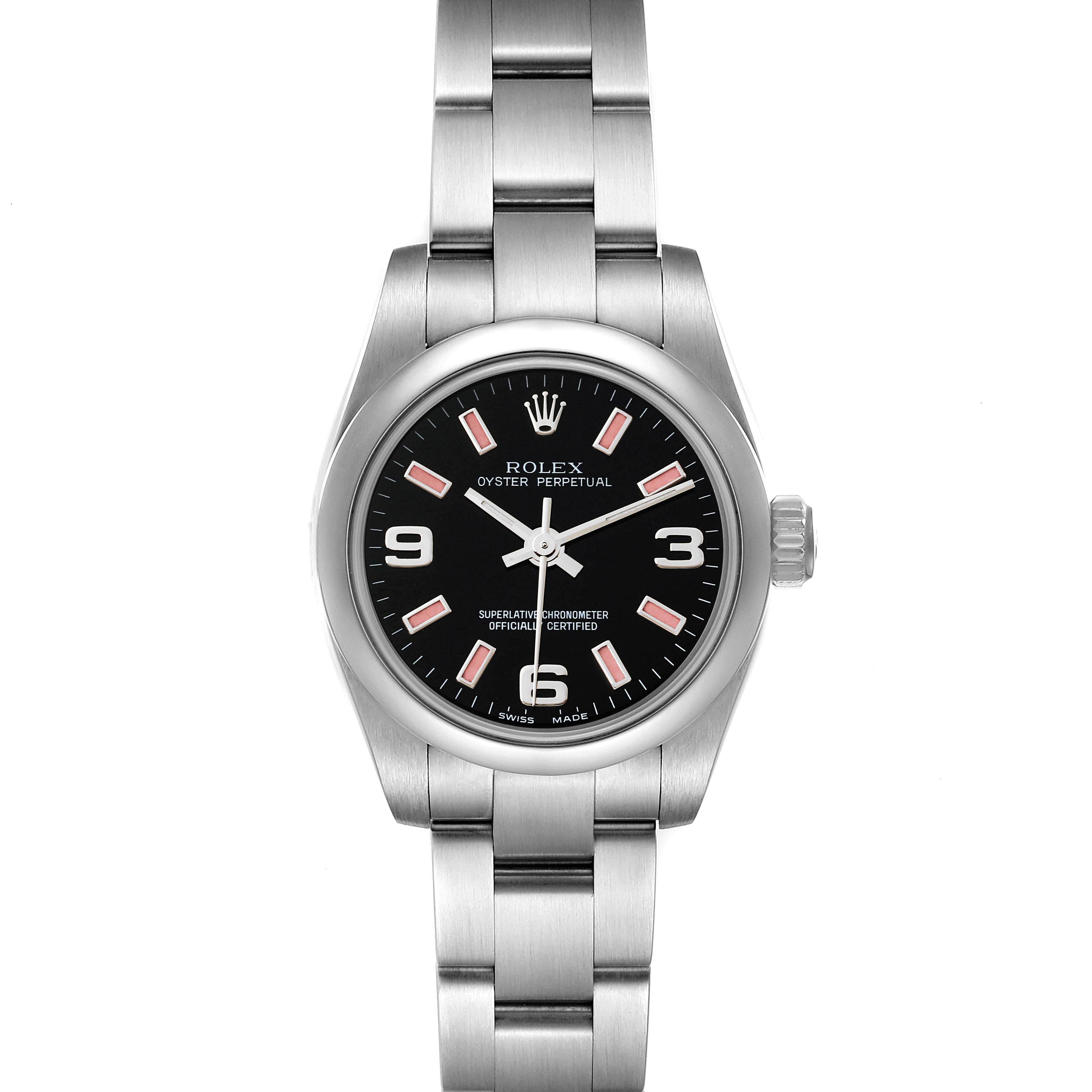 The image shows a front view of a Rolex Oyster Perpetual 176200 Women's Stainless Steel Black Dial 176200 Women's Stainless Steel Black Dial watch, displaying the face, bracelet, and crown.