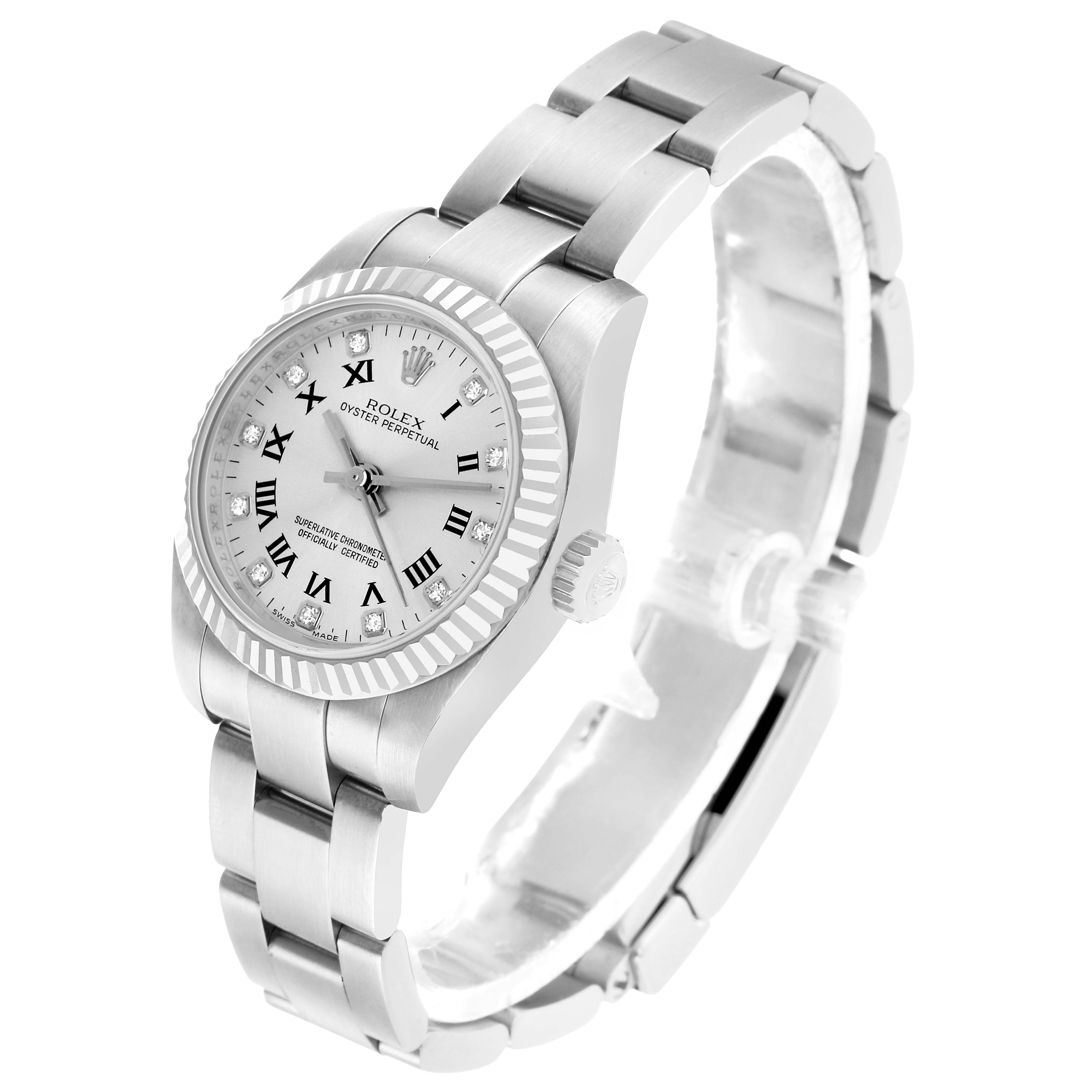 The Rolex Oyster Perpetual 176234 Women's Stainless Steel Silver Dial watch is shown at a three-quarter angle, highlighting the dial, bezel, crown, and bracelet.