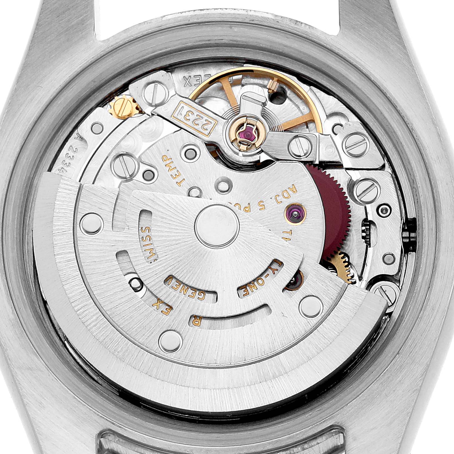 The image shows the movement of a Rolex Oyster Perpetual 176234 Women's Stainless Steel Silver Dial watch from the back, highlighting the rotor and intricate components.