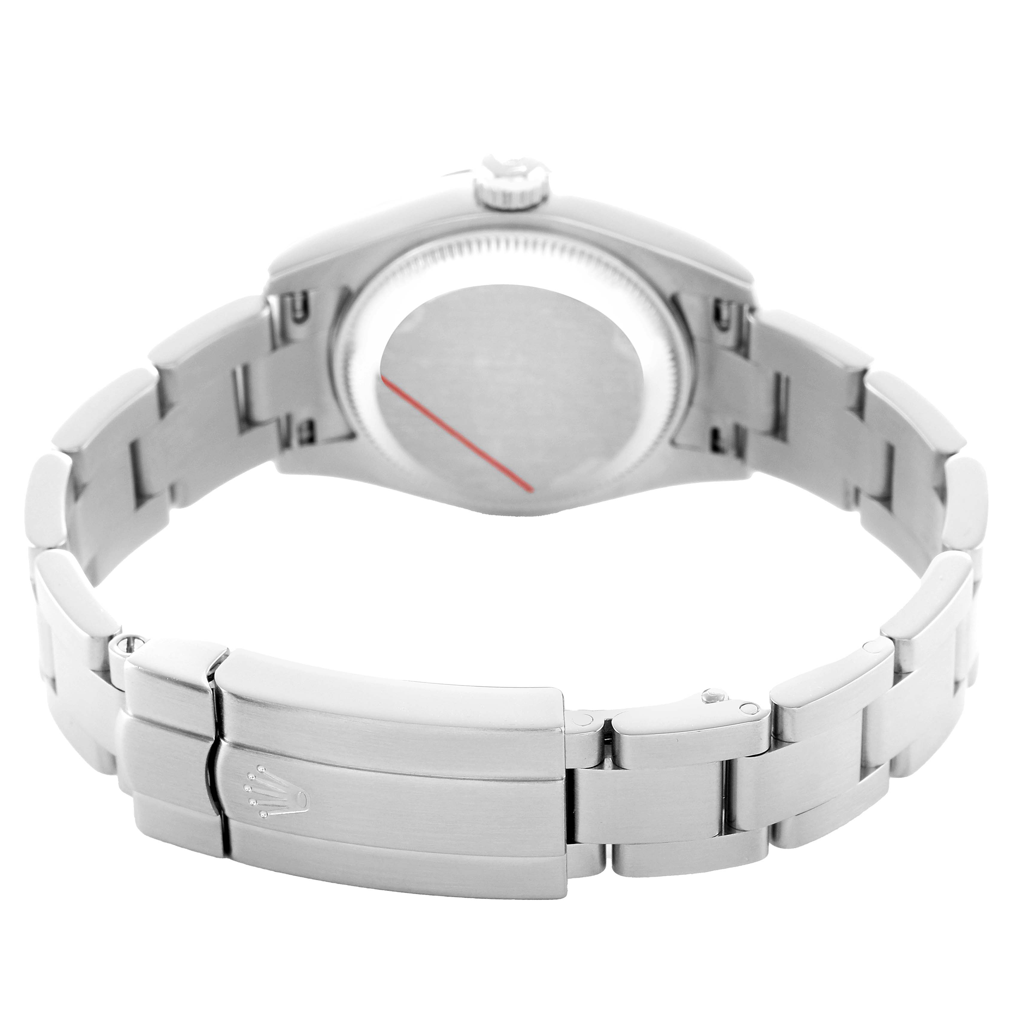 The image shows the back and bracelet of a Rolex Oyster Perpetual 176234 Women's Stainless Steel Silver Dial watch, highlighting the clasp and case back.