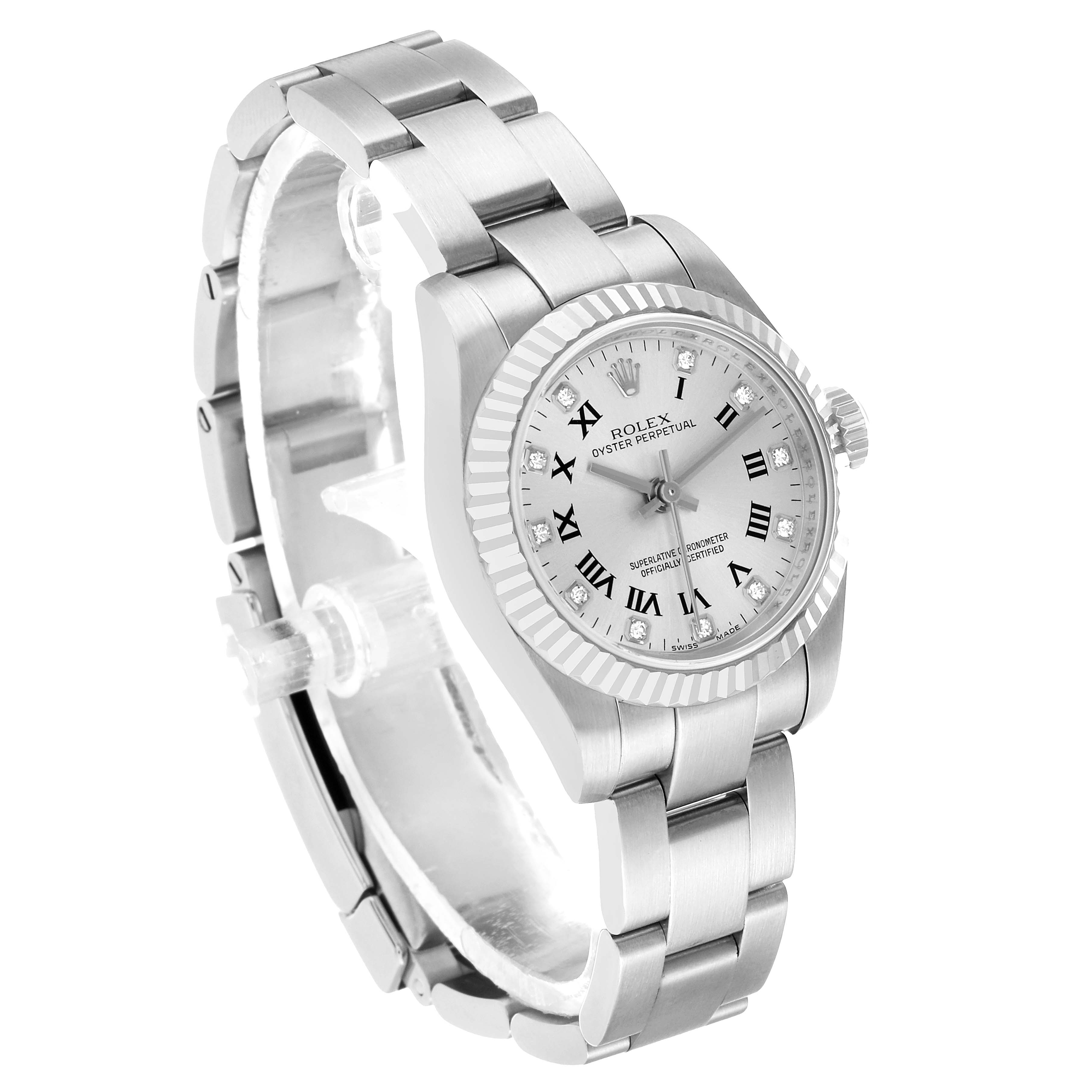 The image shows a Rolex Oyster Perpetual 176234 Women's Stainless Steel Silver Dial watch at an angled view, highlighting the bezel, dial, bracelet, and crown.